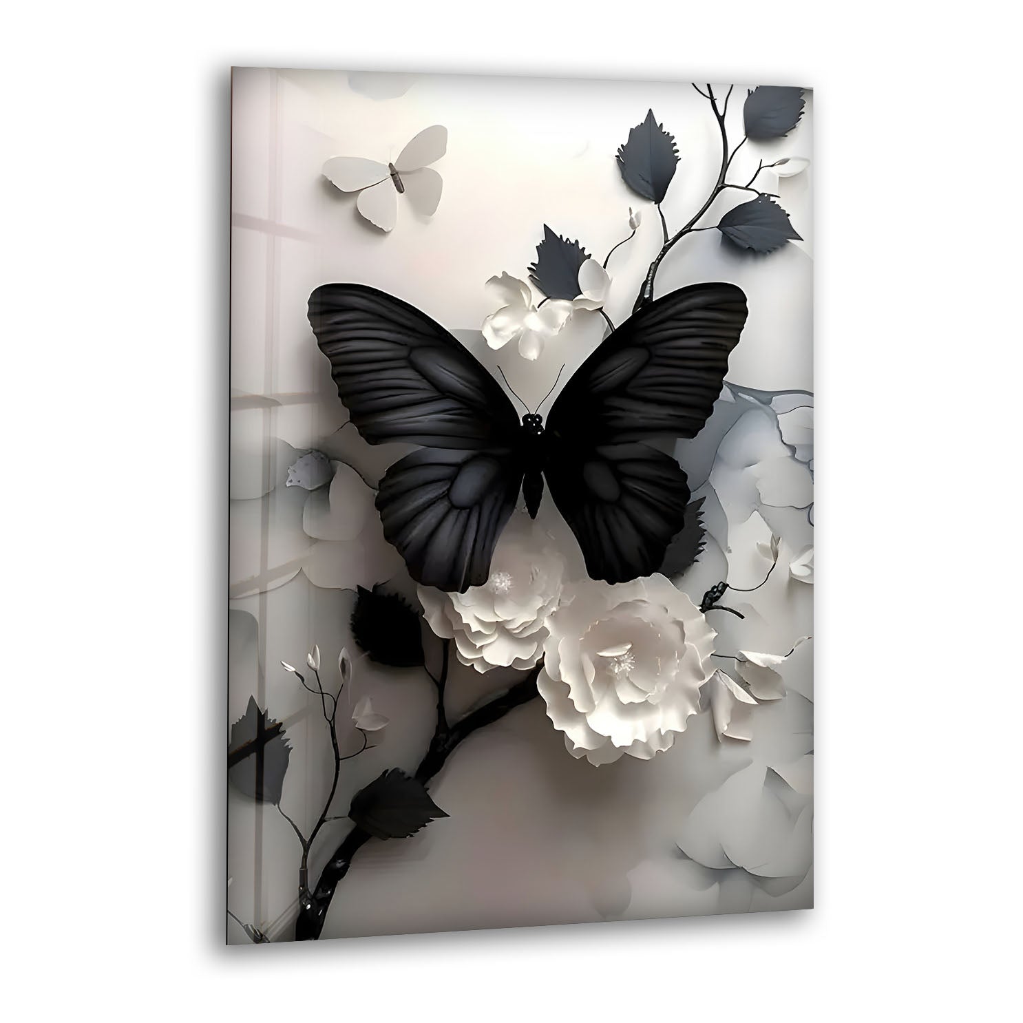 Elegant Black Butterfly & Floral Glass Wall Art - Handmade Decorative Panel for Living Room, Bedroom, or Office Decor