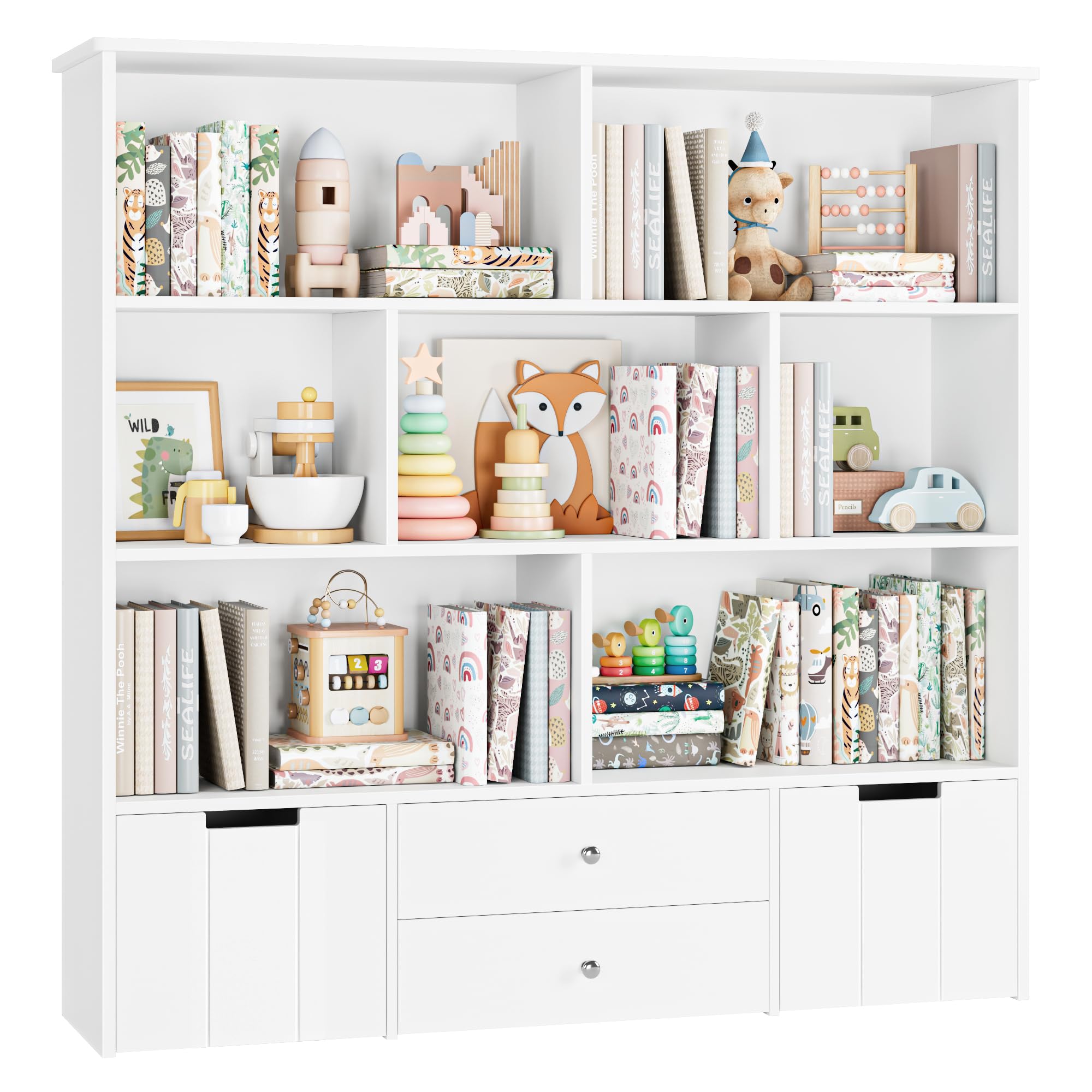 FINETONES Kids Toy Storage Organizer - Large 4-Drawer Bookshelf with 7 Storage Cubbies & Hidden Wheels, White | Playroom Organization for Toys, Books & Games | Perfect for Nursery, Daycare & Home Play Areas