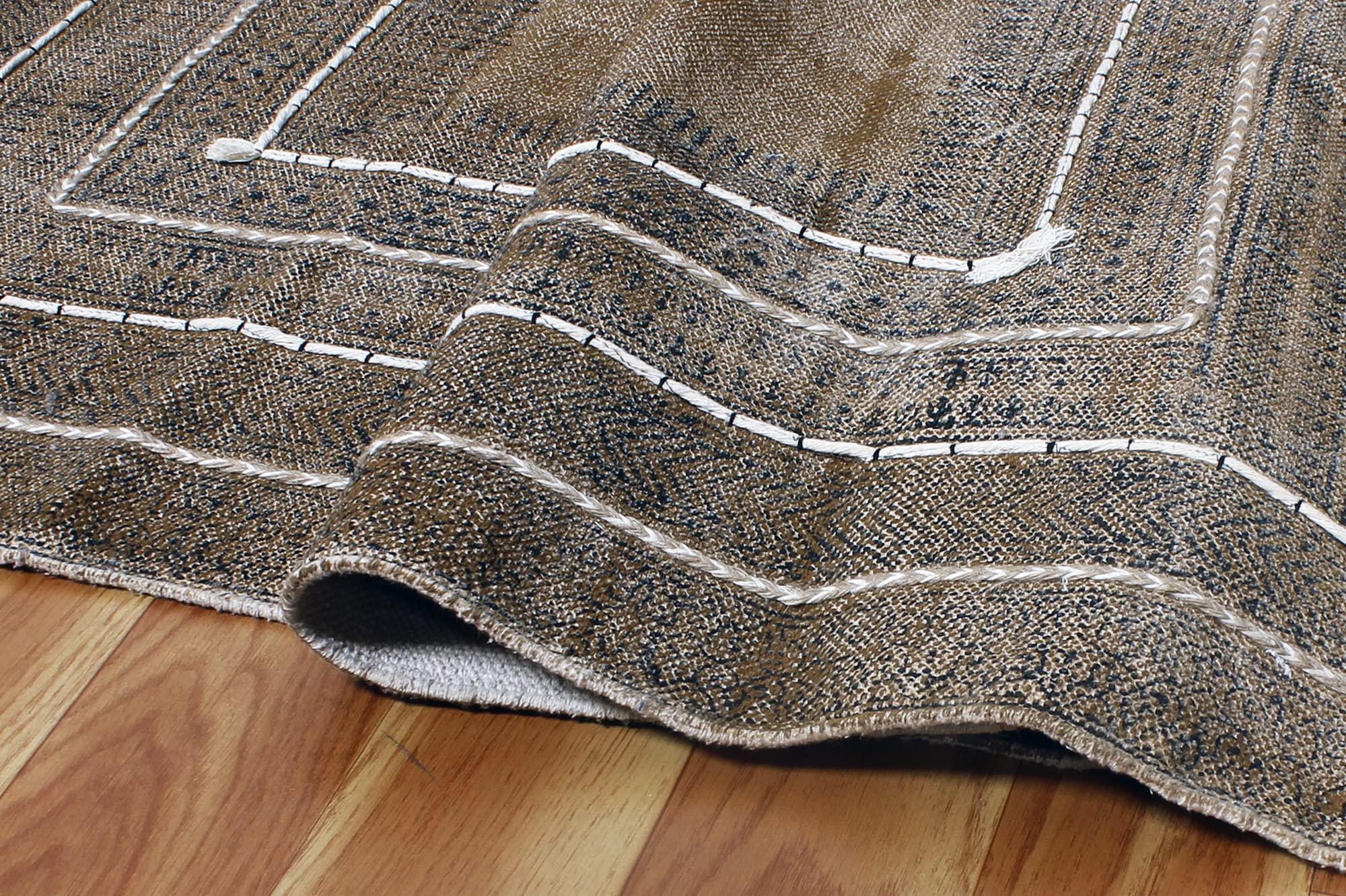 Handmade Boho Kilim Rug - 6 Square Feet Cotton Flatweave Area Rug with Bronze & Black Border - Easy Washable for Small Bedroom, Dining Table Mat, Boho Decor & Cozy Home Accent