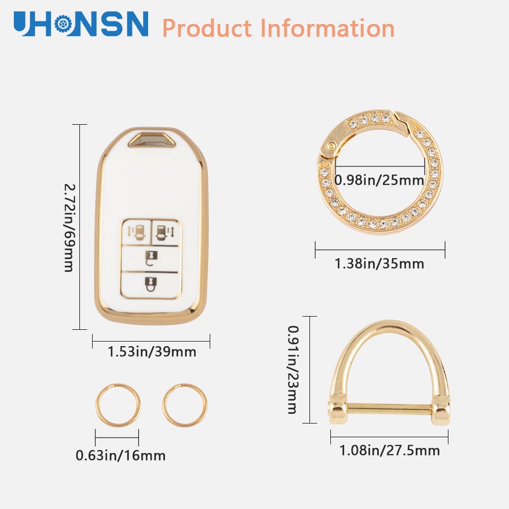 UHONSN Soft TPU Key Fob Cover for Honda Accord Civic CRV Odyssey Pilot - Cute White & Gold Car Key Protector Case Shell with Chain | Durable Accessories for Everyday Use & Gift Giving