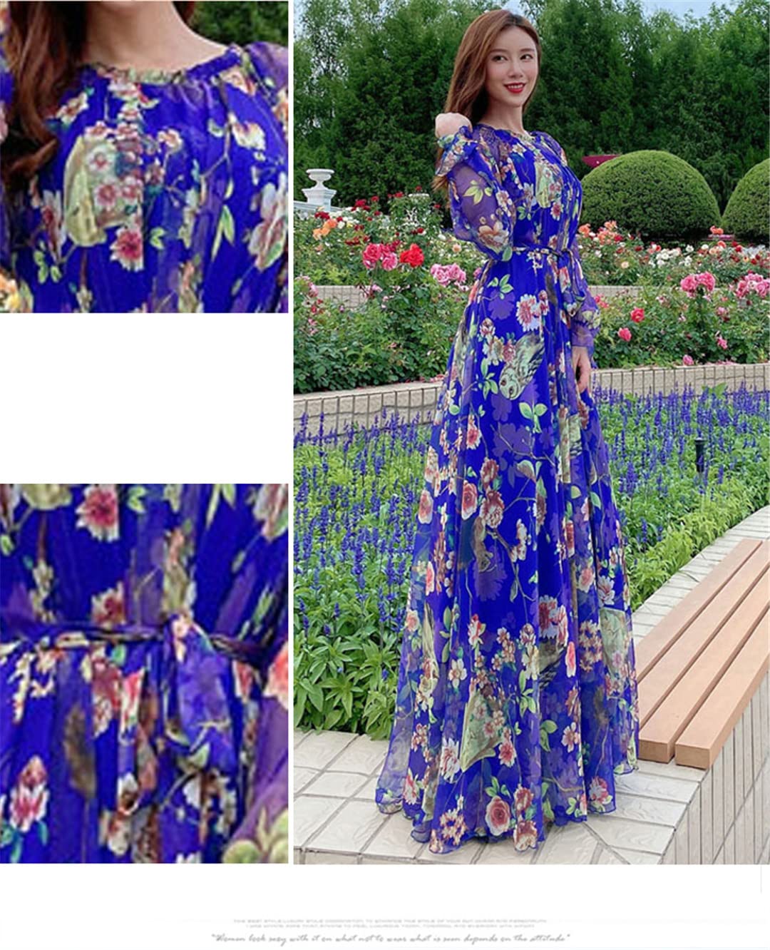 Bohemian Floral Print Long Sleeve Chiffon Dress for Women - Elegant Ruffled Maxi Dress for Parties, Weddings & Special Occasions
