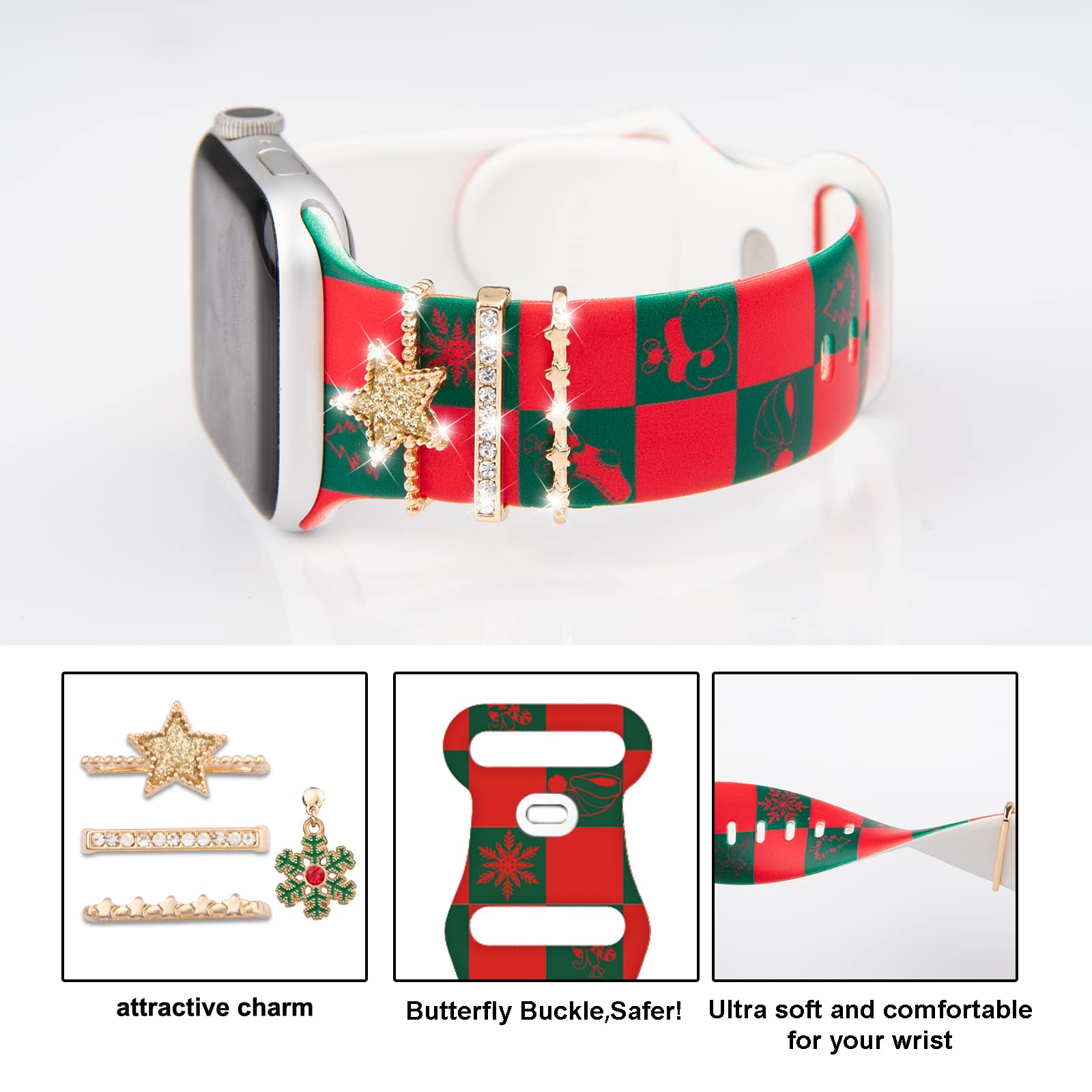Festive Christmas Watch Bands with Decorative Charms & Ring Loops for Apple Watch 38mm-49mm (All Series) - Holiday Replacement Straps for Women - Perfect for Gifts, Parties & Seasonal Style