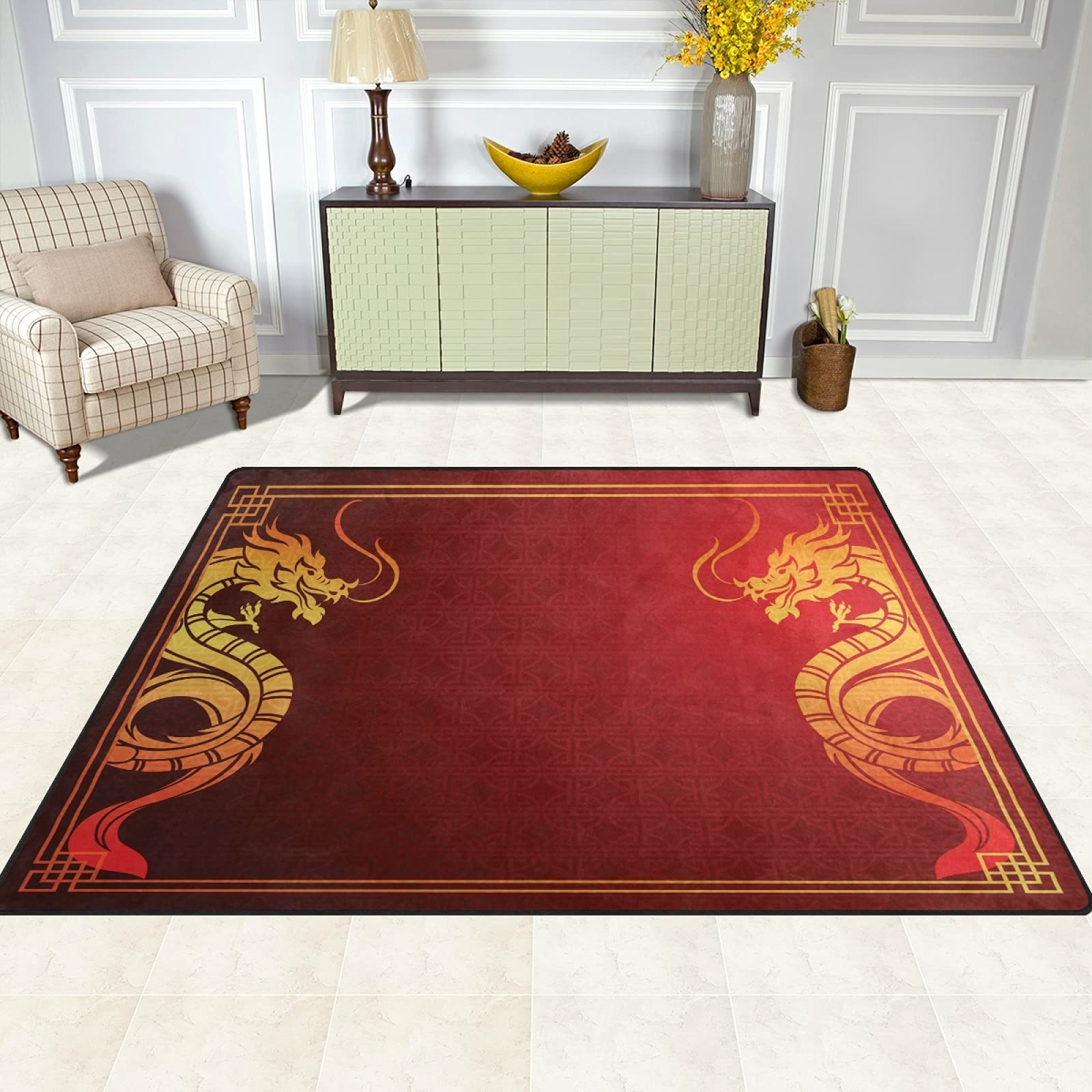ALAZA Traditional Chinese Gold Dragon Red Area Rug 5'3