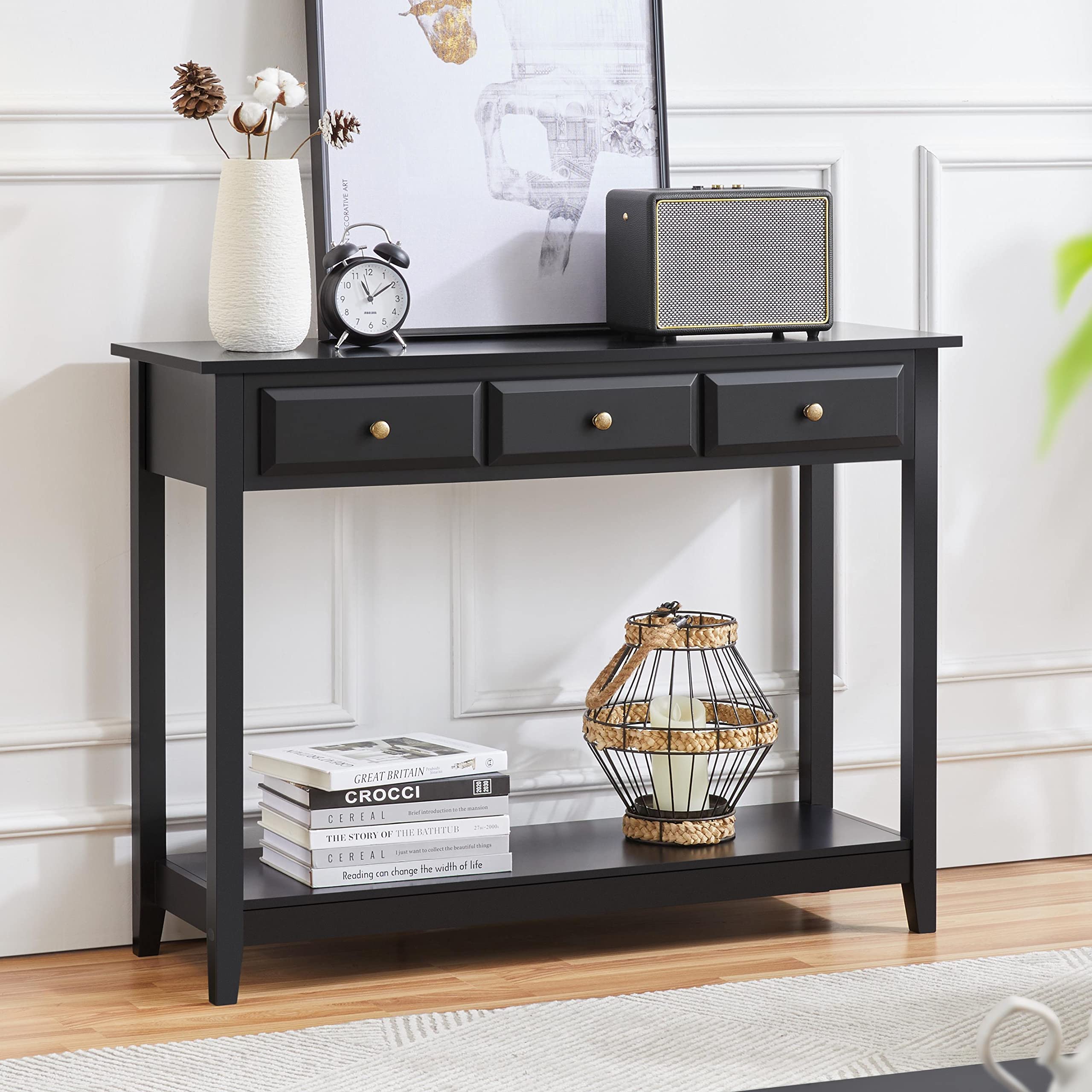 Yaheetech 3-Drawer Wooden Console Table with Storage Shelf - Narrow Long Entryway Sofa Table for Living Room, Hallway, Foyer - Perfect for Small Spaces & Home Organization (Black)