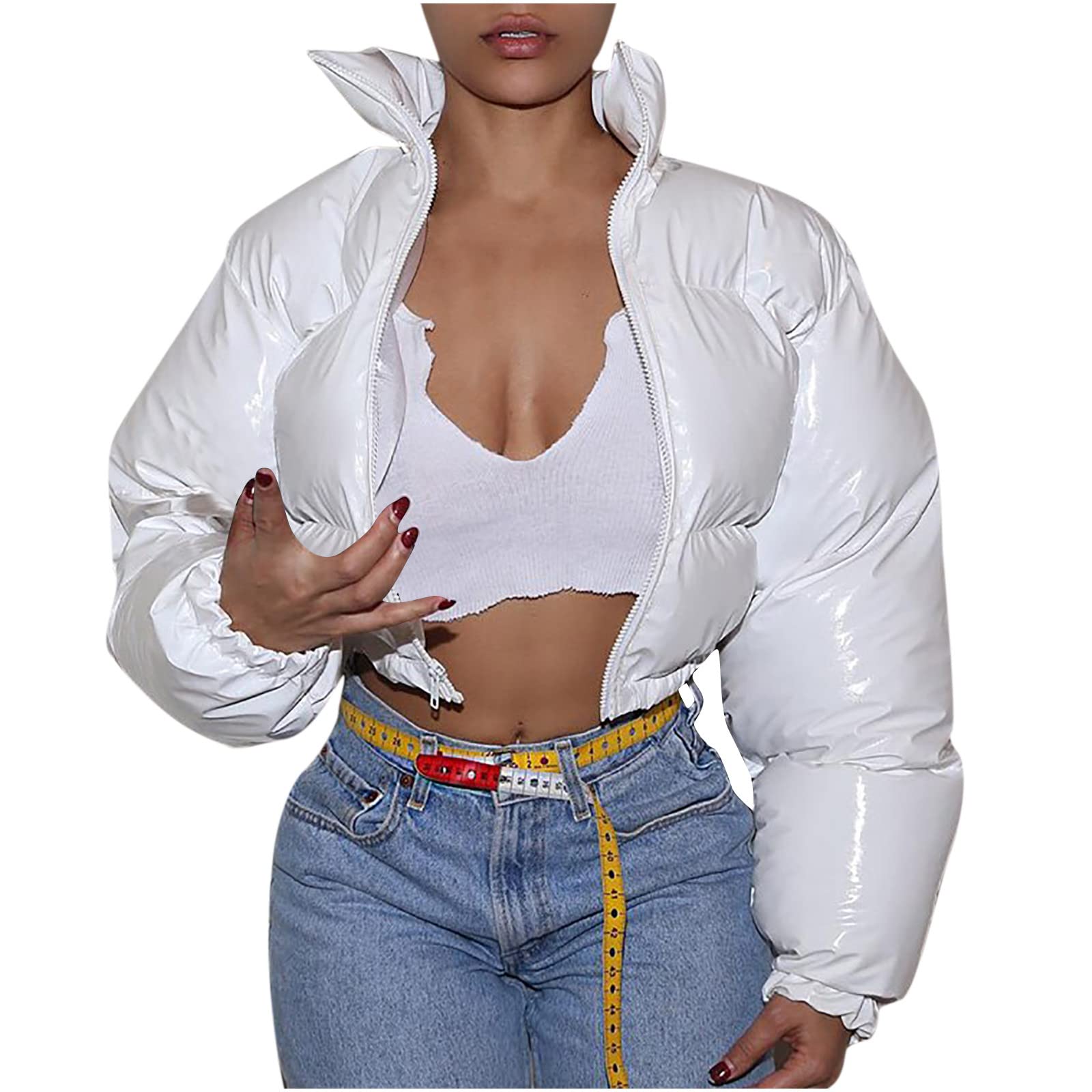 SHOPESSA Women's Metallic Cropped Puffer Jacket - Candy Color Quilted Down Coat with Full Zip, Y2K Fashion Winter Jacket for Streetwear & Outdoor Activities