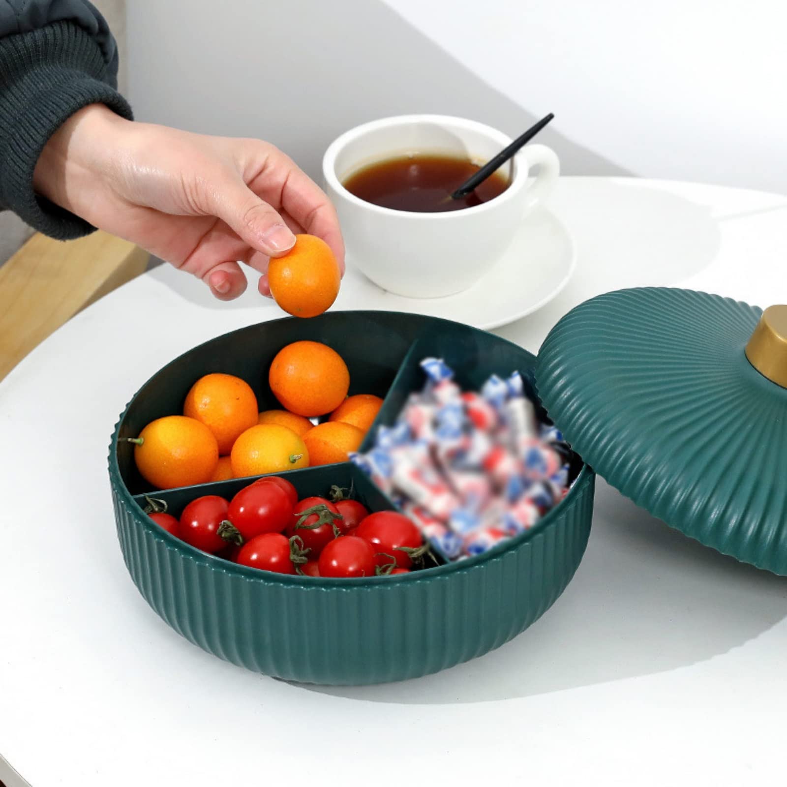 3-Compartment Plastic Snack Serving Tray with Lid - Round Candy Dish for Nuts, Fruits & Sweets - Kitchen & Living Room Storage Box for Parties, Movie Nights & Entertaining