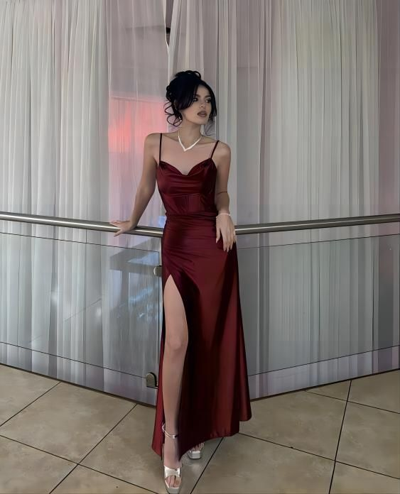 Elegant Burgundy Spaghetti Strap Long Prom Dress with High Side Slit - J3963 | Formal Evening Gown for Homecoming, Wedding Guest, Red Carpet Events