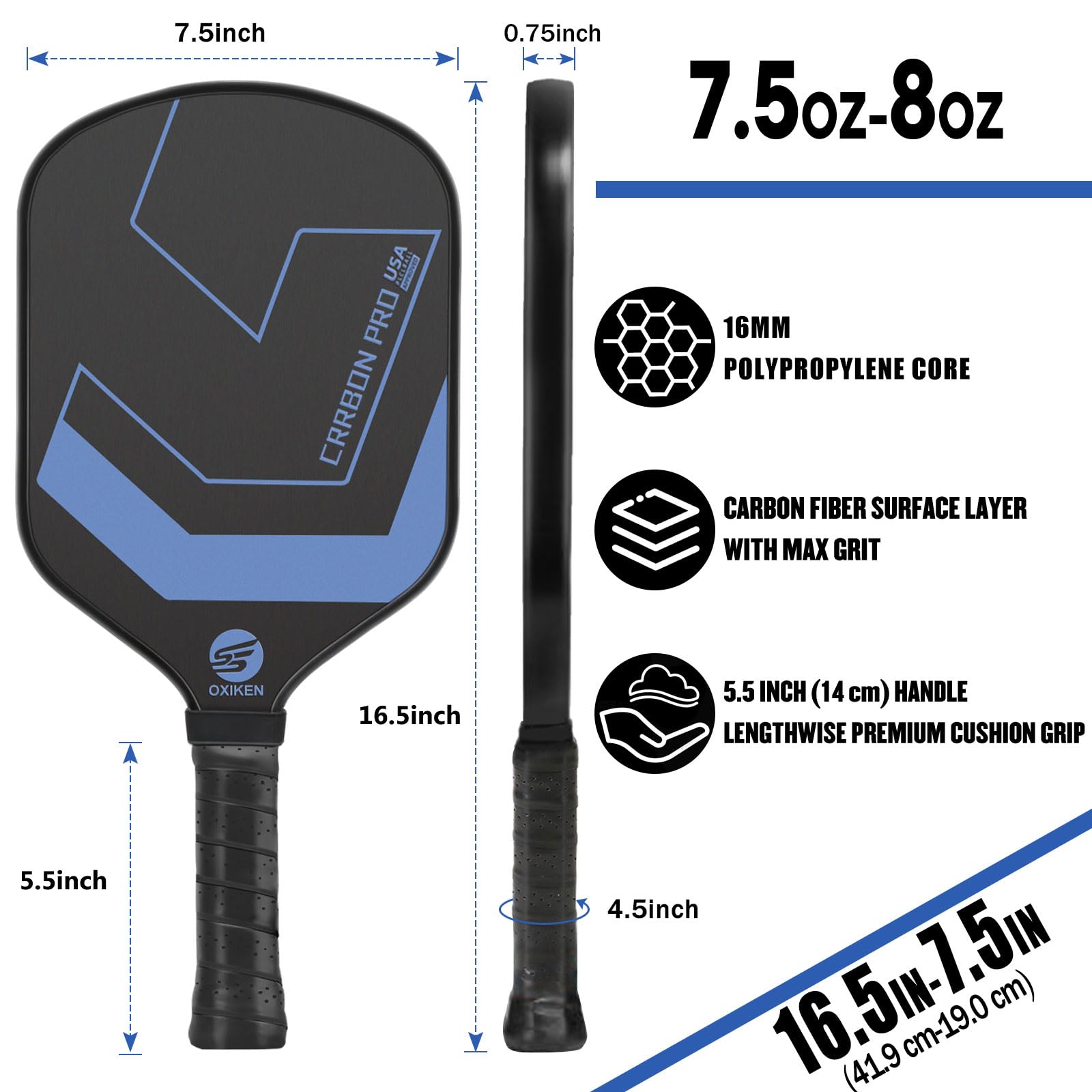 OXIKEN 10/13/16 mm USAPA Approved Pickleball Paddles - T700 Carbon Fiber Surface, Honeycomb Core, High Grit for Maximum Spin, 5.5