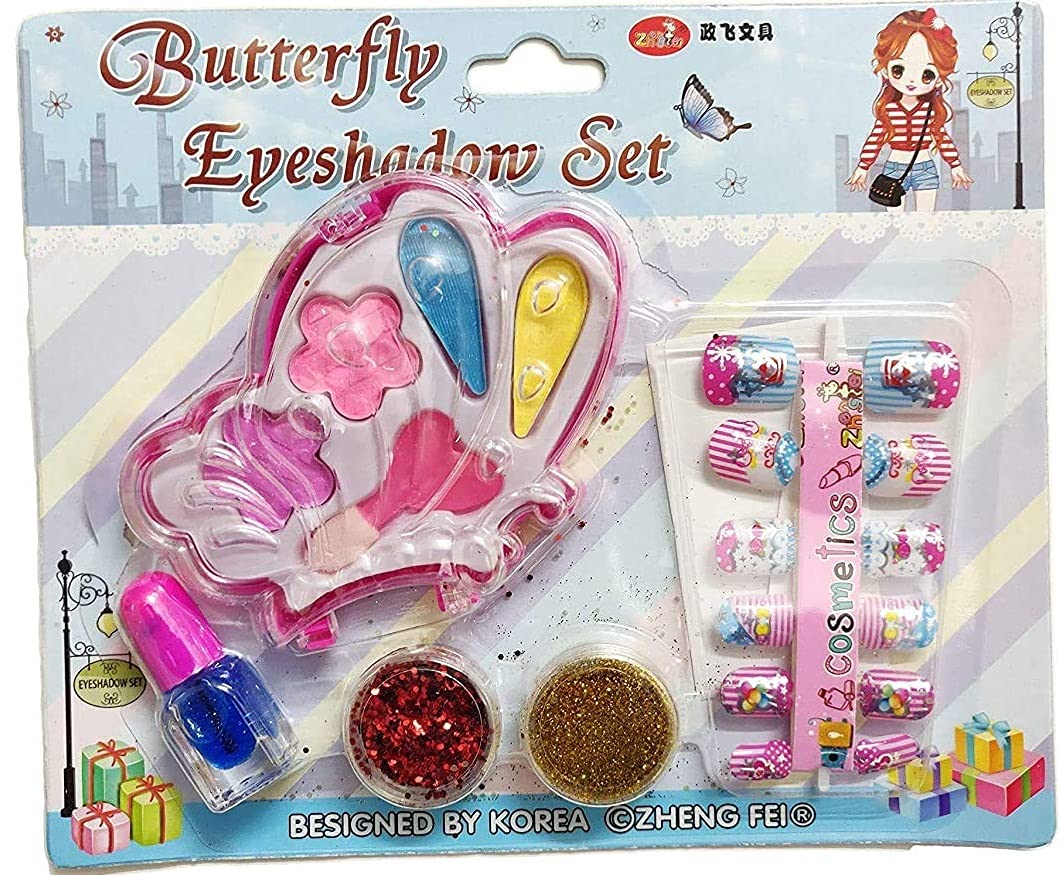 2 Pcs Kids Nail Art & Eyeshadow Kit with 12 Fake Nails, Glitter & Tools - Home Salon Set for Girls Birthday Gifts, DIY Manicure & Makeup Play (Random Cute Designs) - Perfect for Parties, Sleepovers & Pretend Play