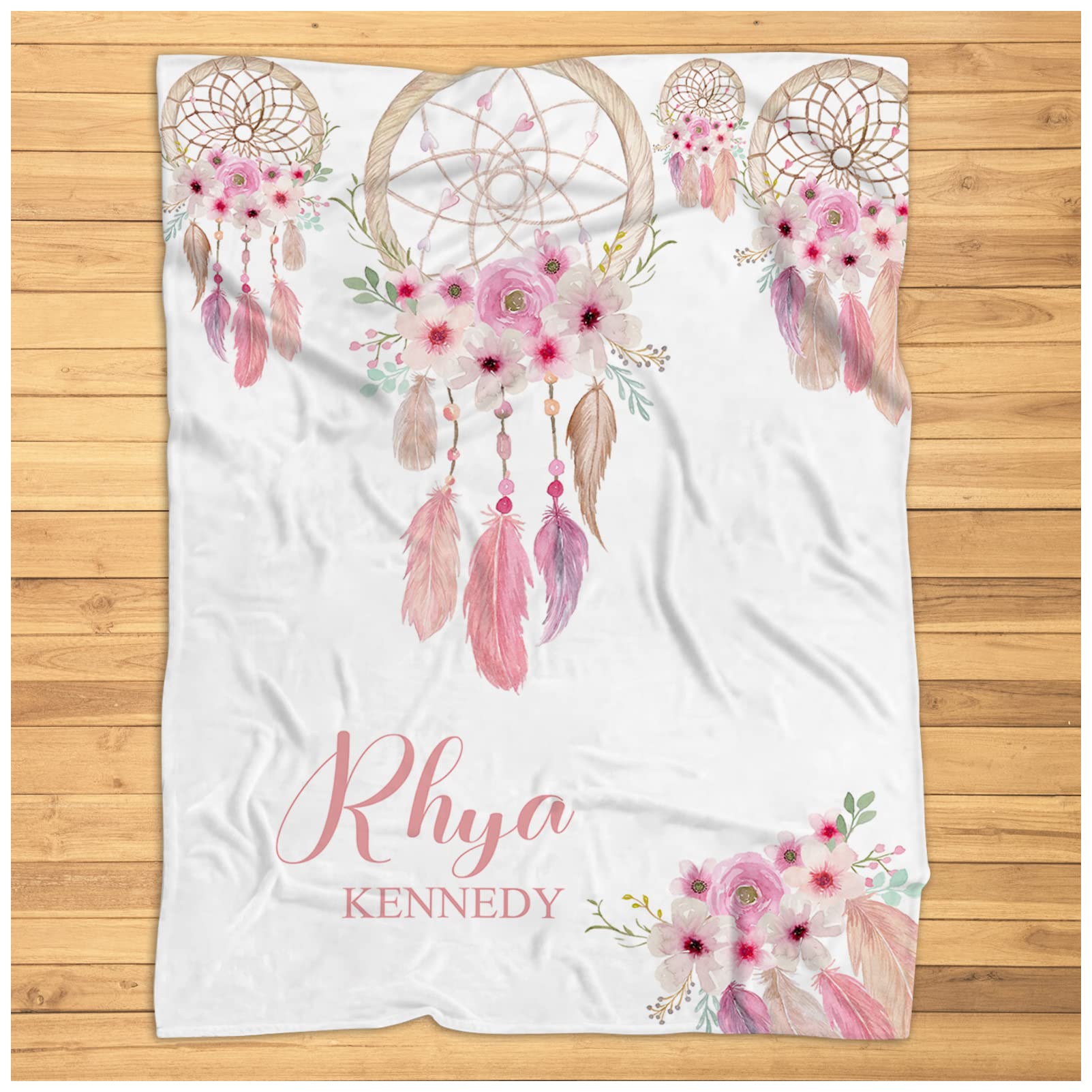 Personalized Baby Girl Blanket with Name - Boho Floral Dreamcatcher Design - Super Soft Plush Blanket for Newborns & Infants - Perfect for Nursery Decor, Baby Showers, and Name Reveal Gifts