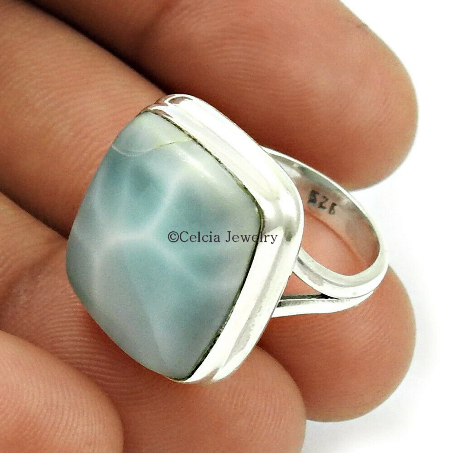 Natural Larimar Gemstone Solitaire Ring - 925 Sterling Silver Engagement Ring for Women, Promise Ring for Couples, Unique Wedding Gift for Bridesmaids & Groomsmen, Valentines Day & Graduation Gift - Perfect for Proposals, Anniversaries & Special Occasions (Larimar, Size 7)