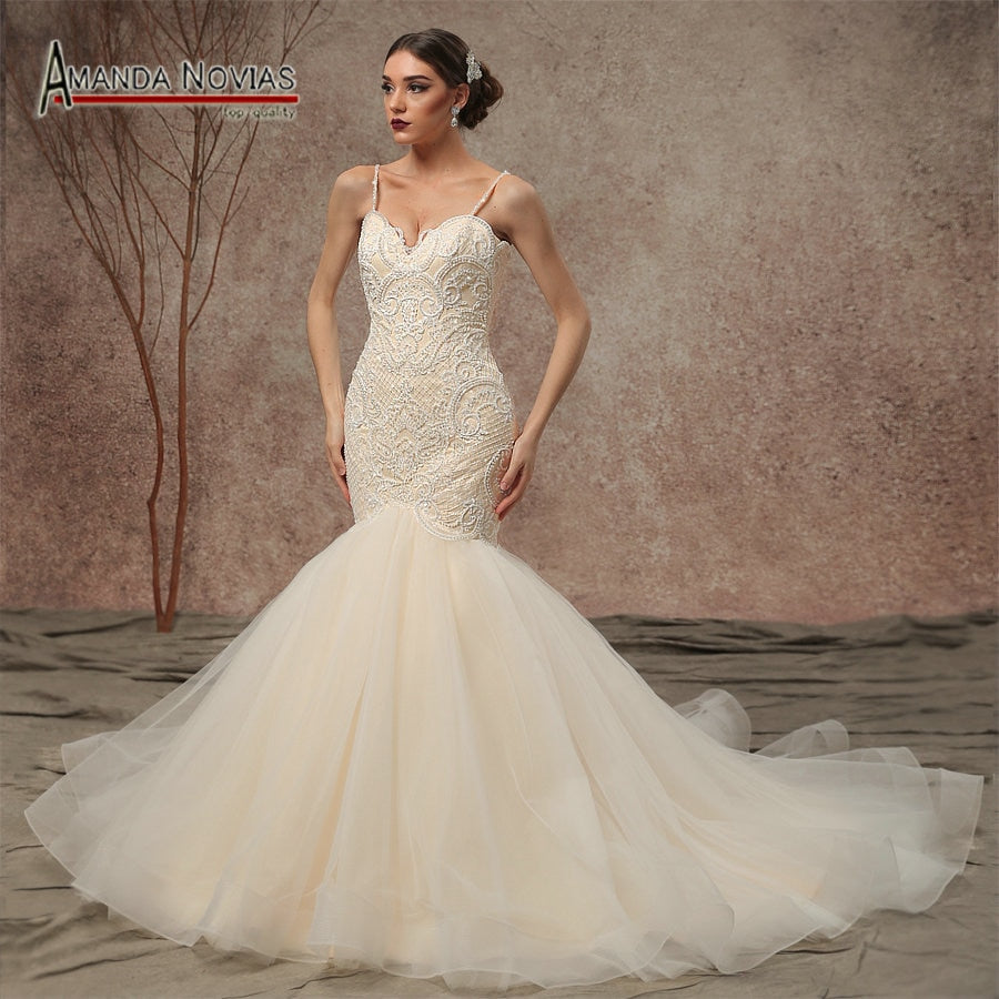 2021 New Model Spaghetti Strap Beaded Lace Mermaid Wedding Dress NS3449 | Elegant Bridal Gown for Beach, Church & Formal Weddings