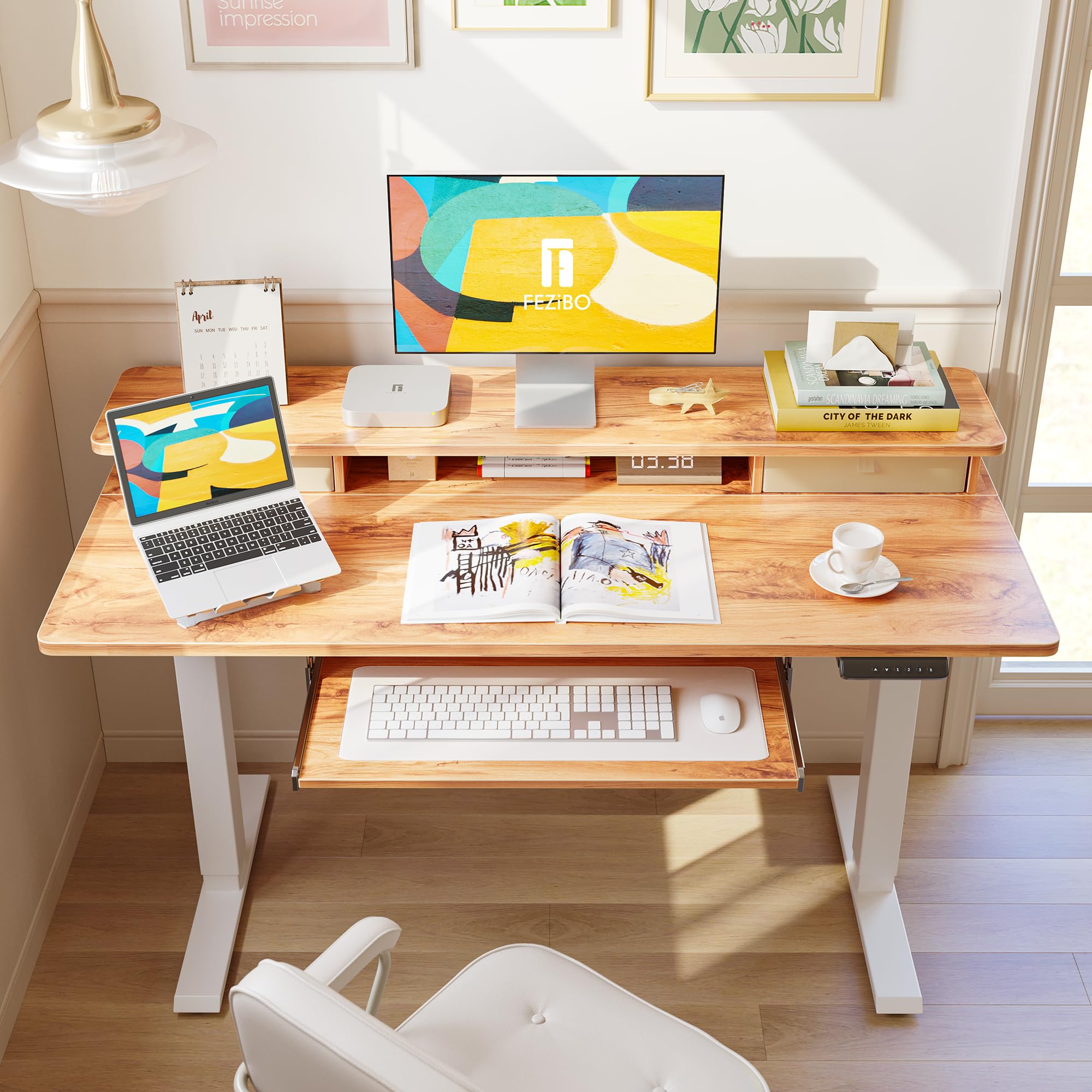 FEZIBO Solid Wood Standing Desk with Drawers - 55 x 24 Inch Adjustable Height Computer Desk with Keyboard Tray & Storage Shelf - Light Rustic Finish for Home Office, Gaming & Workspace Ergonomics
