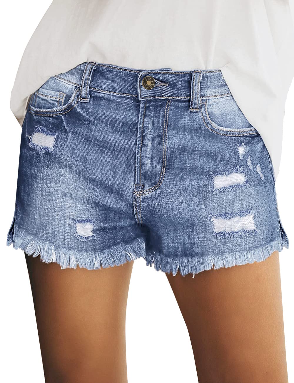 Luvamia Women's Stretch Ripped Denim Shorts - Mid Rise Casual Jean Shorts with Raw Hem | Perfect for Summer Outfits, Beach Vacations & Street Style Fashion