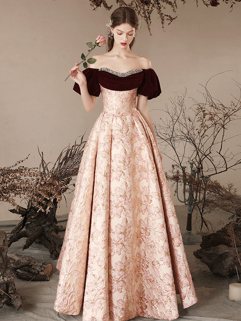 Elegant A-Line Pink Satin Velvet Long Prom Dress - Formal Evening Gown for Women | Perfect for Homecoming, Prom Night & Special Occasions