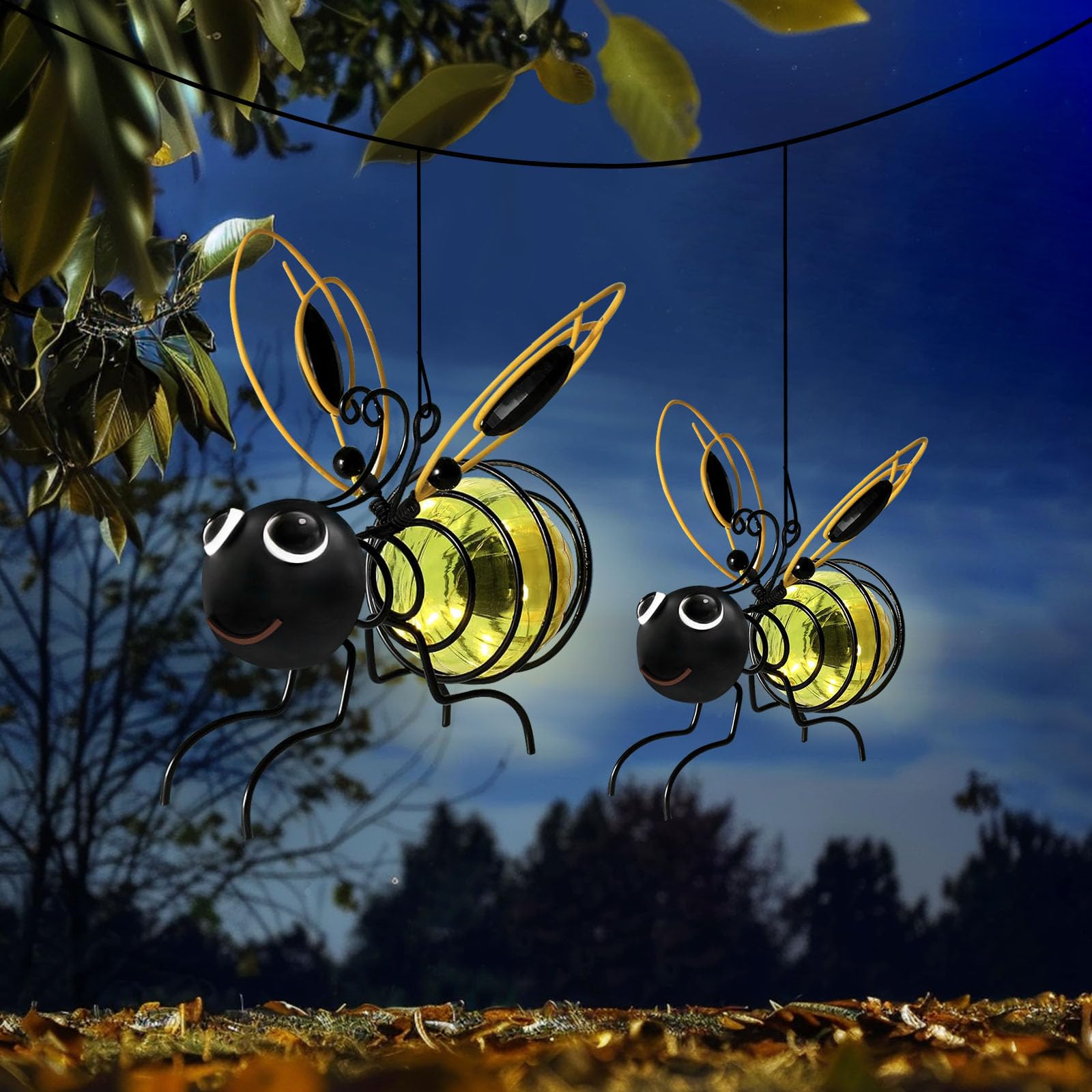 EVOLUX Solar Hanging Bee Garden Lights - Outdoor Solar-Powered LED Decor for Patio, Balcony, Yard - Waterproof & Weatherproof - Perfect for Housewarming Gifts, Garden Parties & Nighttime Ambiance (2 Pack)