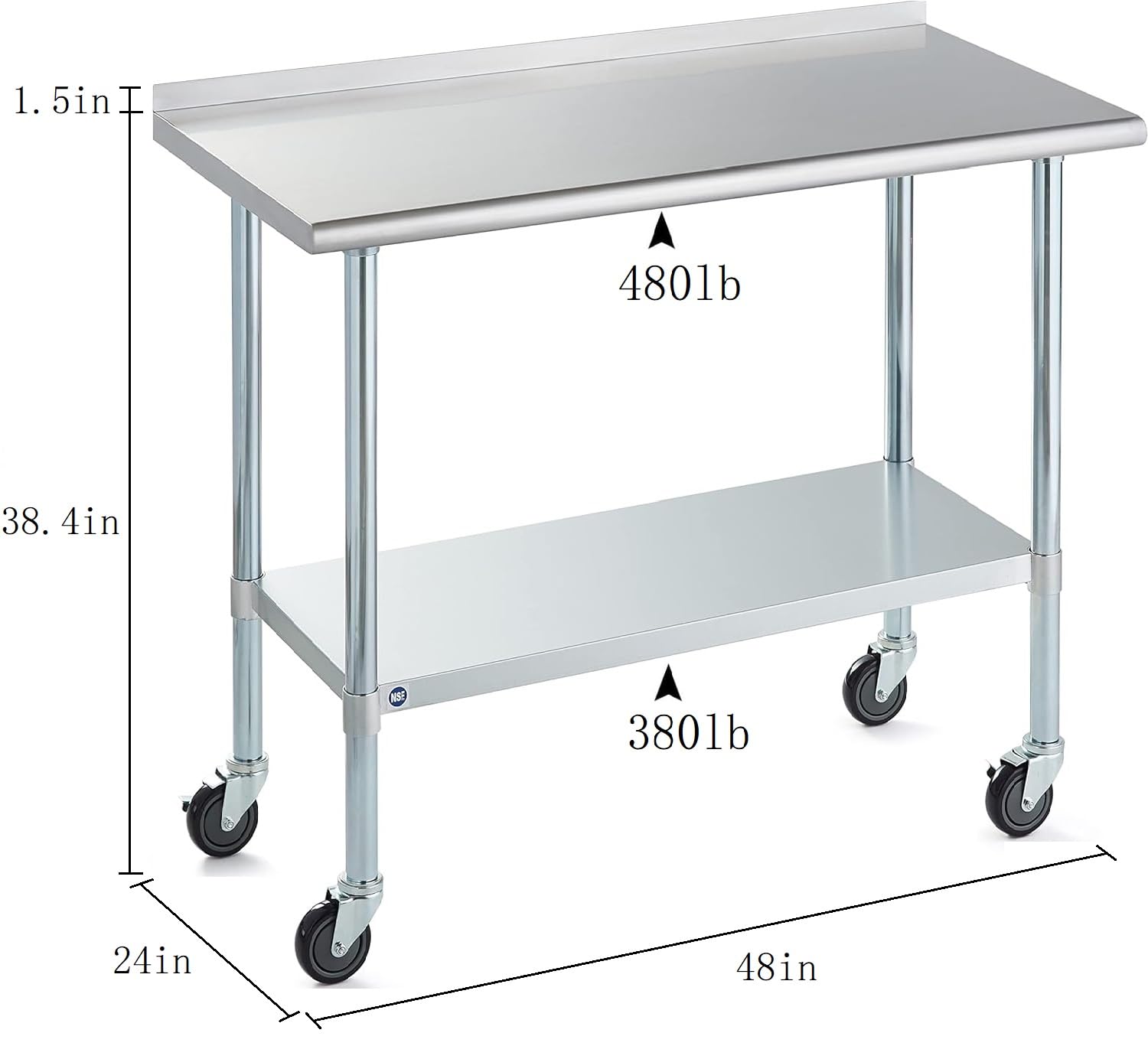24x48 Inch NSF Stainless Steel Commercial Kitchen Table with Adjustable Under Shelf & Casters - Heavy Duty Prep Work Table with Backsplash for Restaurants, Hotels & Home Kitchens | Perfect for Food Prep, Cooking & Catering
