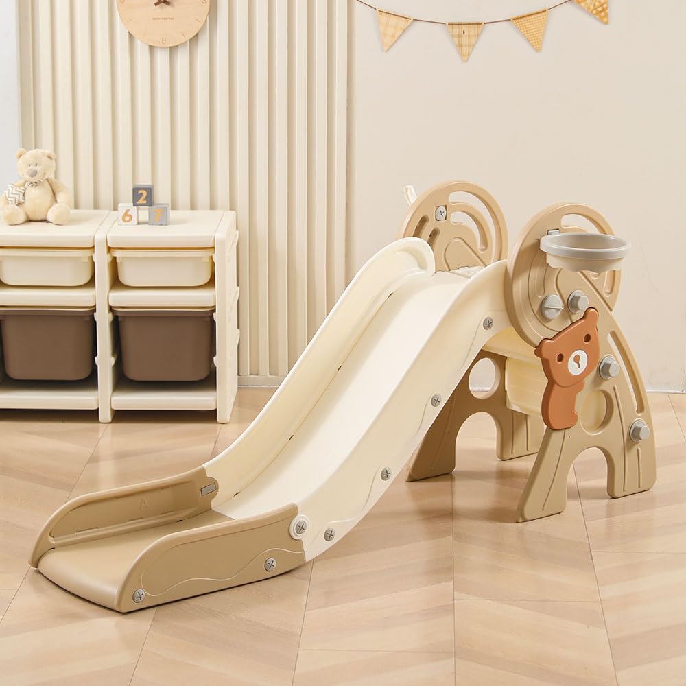 4-in-1 Foldable Toddler Slide with Basketball Hoop | Indoor & Outdoor Plastic Play Slide for Kids Ages 1-3 | Perfect for Backyard, Playroom & Birthday Parties (Brown)