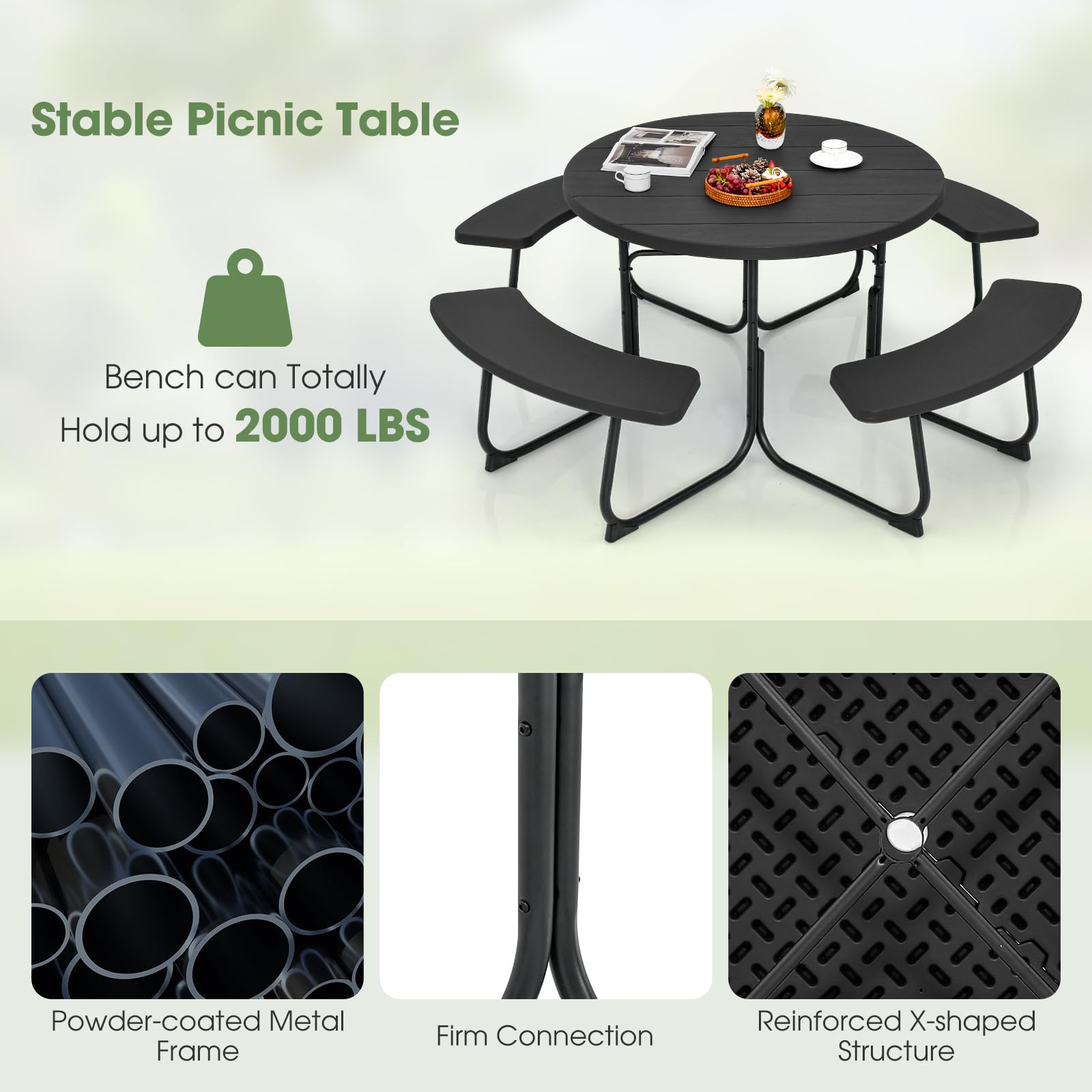 Giantex 8-Person Round Outdoor Picnic Table Set with Umbrella Hole - HDPE Top & Sturdy Metal Frame, 2000LBS Capacity - Perfect for Backyard, Deck, Garden, and Patio Gatherings (Black)