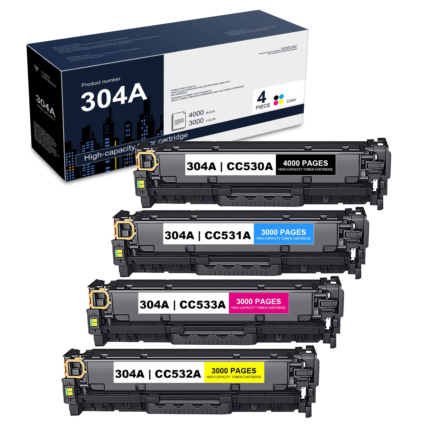 4-Pack Compatible 304A/CC530A/CC531A/CC533A/CC532A Toner Cartridge Set - Replacement for HP Color LaserJet CP2025/CP2025n/CP2025dn/CP2025x & CM2320 Series Printers - High Yield Printing for Office & Home Use