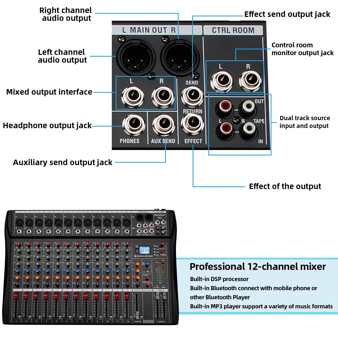 Depensheng DX12 12-Channel DJ Audio Mixer with USB Interface, XLR Mic Input, 48V Phantom Power & RCA I/O - Professional Studio Sound Controller for Computer Recording, Live Performances & Home Music Production