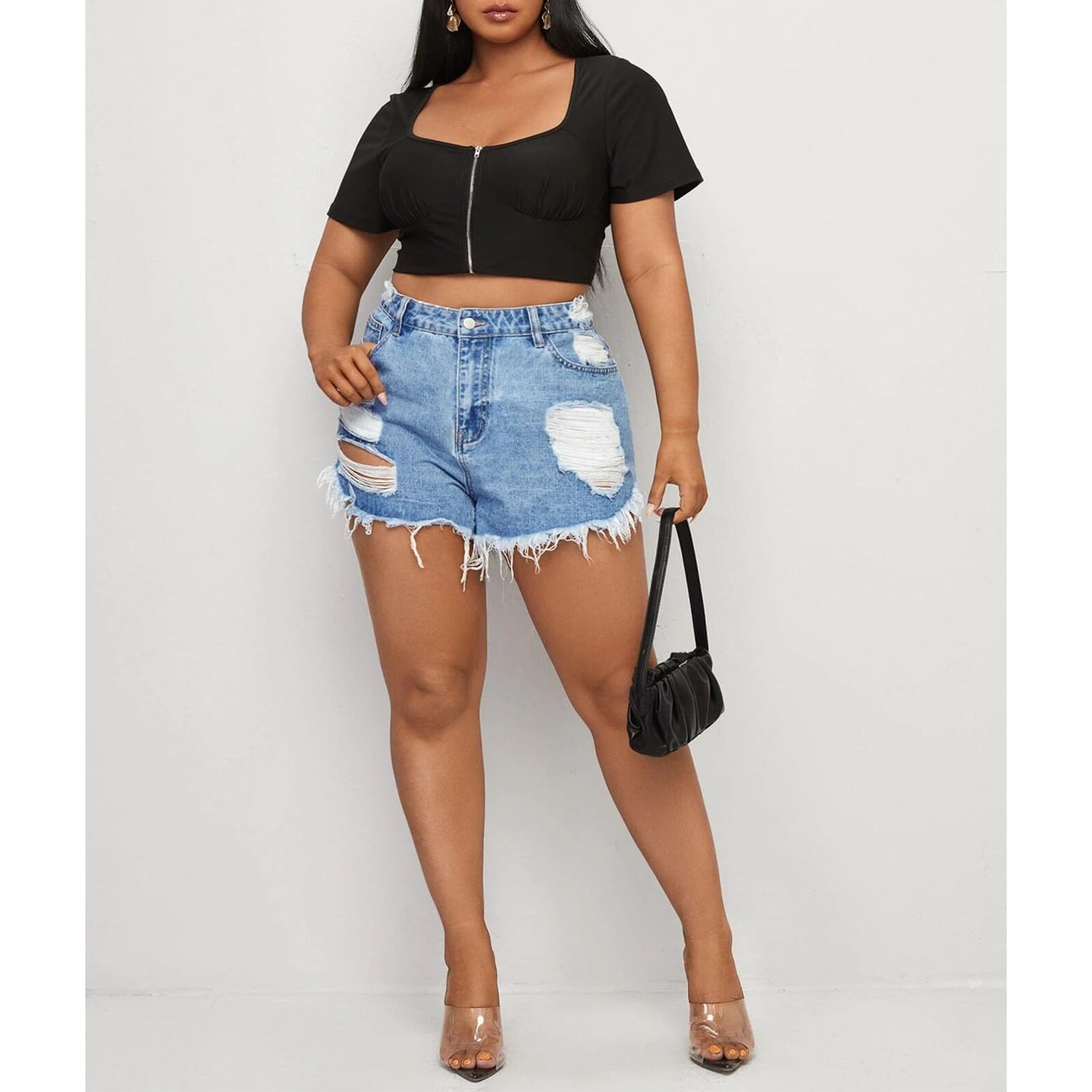 MapleHub Plus Size Women's Ripped Denim Shorts - High Waisted Stretchy Jean Shorts with Folded Hem for Summer Casual Wear & Beach Outfits
