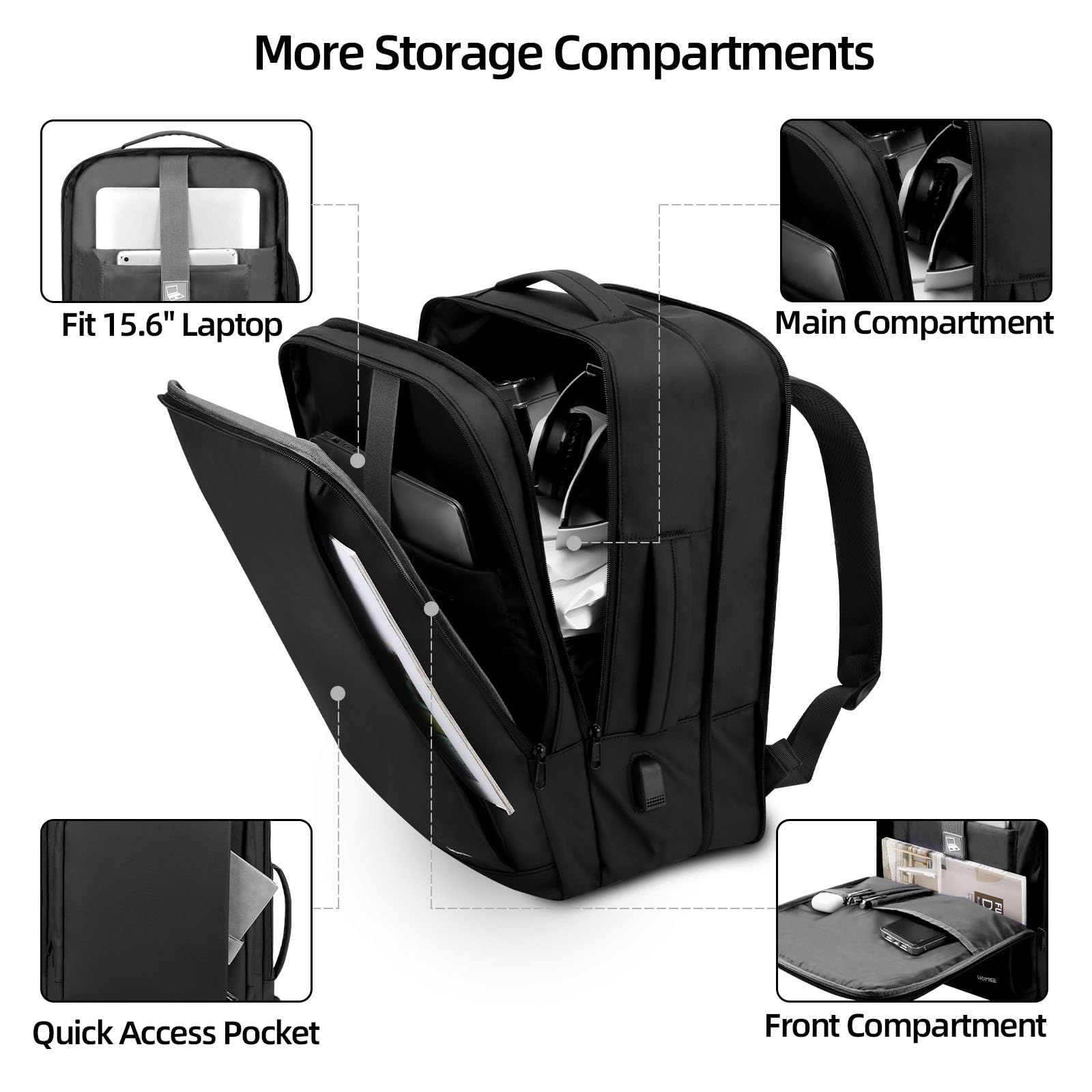 HOMIEE Expandable 30L Water Resistant Business Backpack for Men - 15.6 Inch Laptop Backpack with USB Charging Port - Perfect for Office, Travel & Commuting - Black