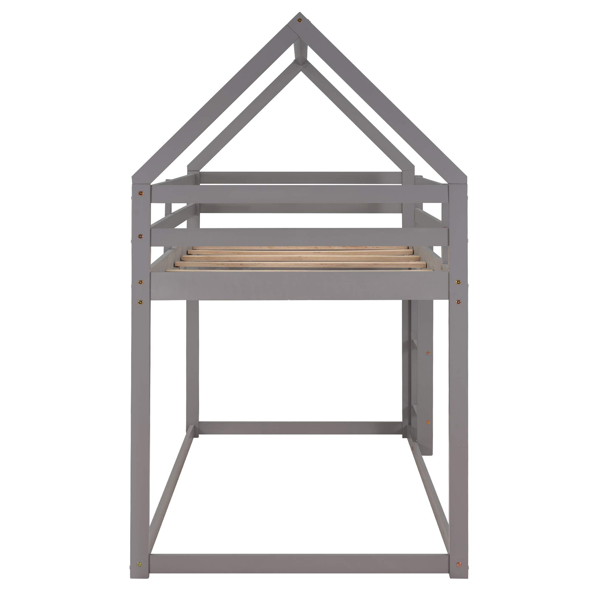 Twin Over Twin Low Bunk Bed Frame with Ladder & Guardrail - Sturdy Wood House Design for Kids & Teens - No Box Spring Needed (Gray + Pine) - Perfect for Small Bedrooms, Dorms, and Shared Kids' Rooms