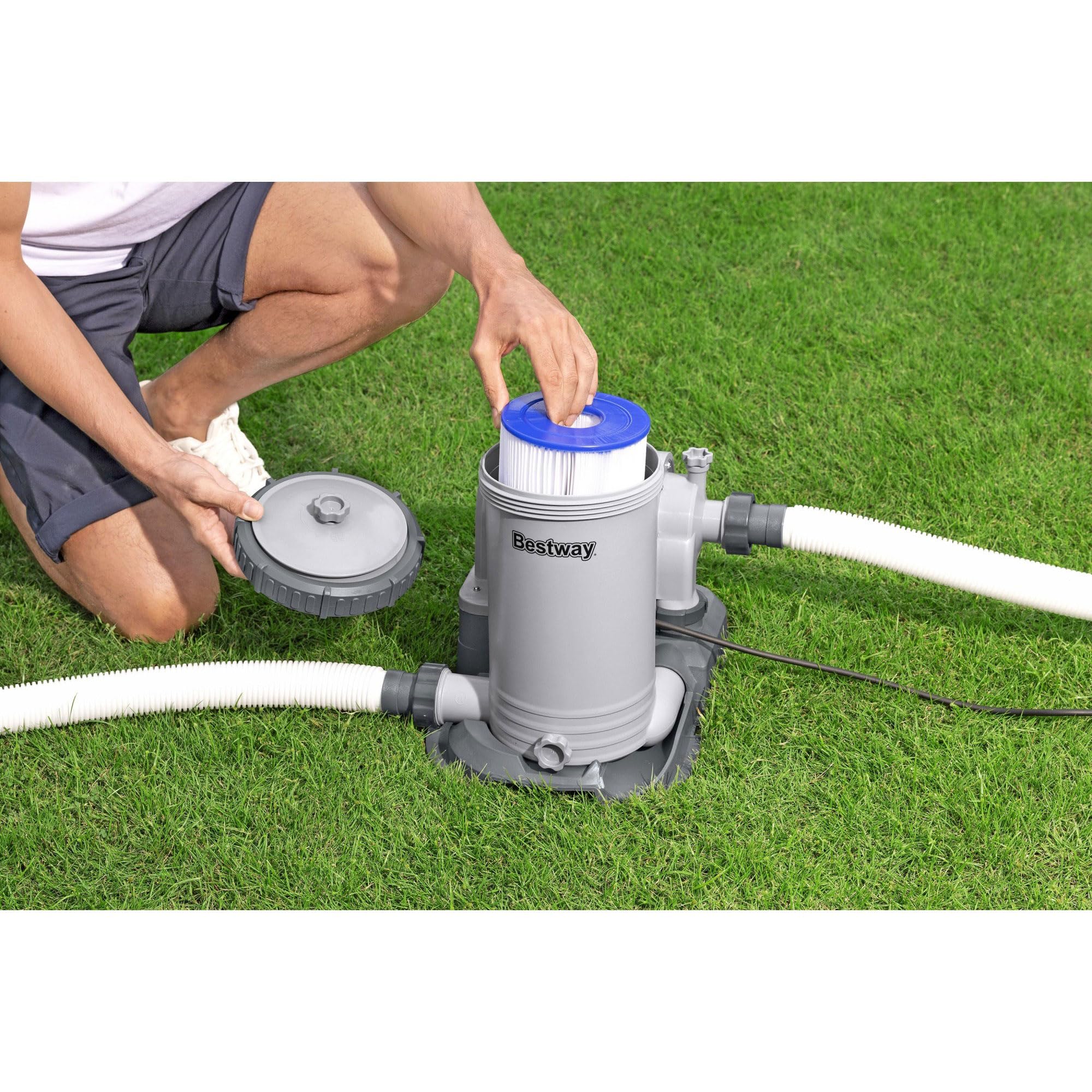 Bestway 2500 GPH Above Ground Pool Filter Pump with Timer - Compatible with 300 to 16,400 Gallon Swimming Pools - Includes Filter Cartridge & Adapter Set - Perfect for Backyard Pool Maintenance & Water Circulation