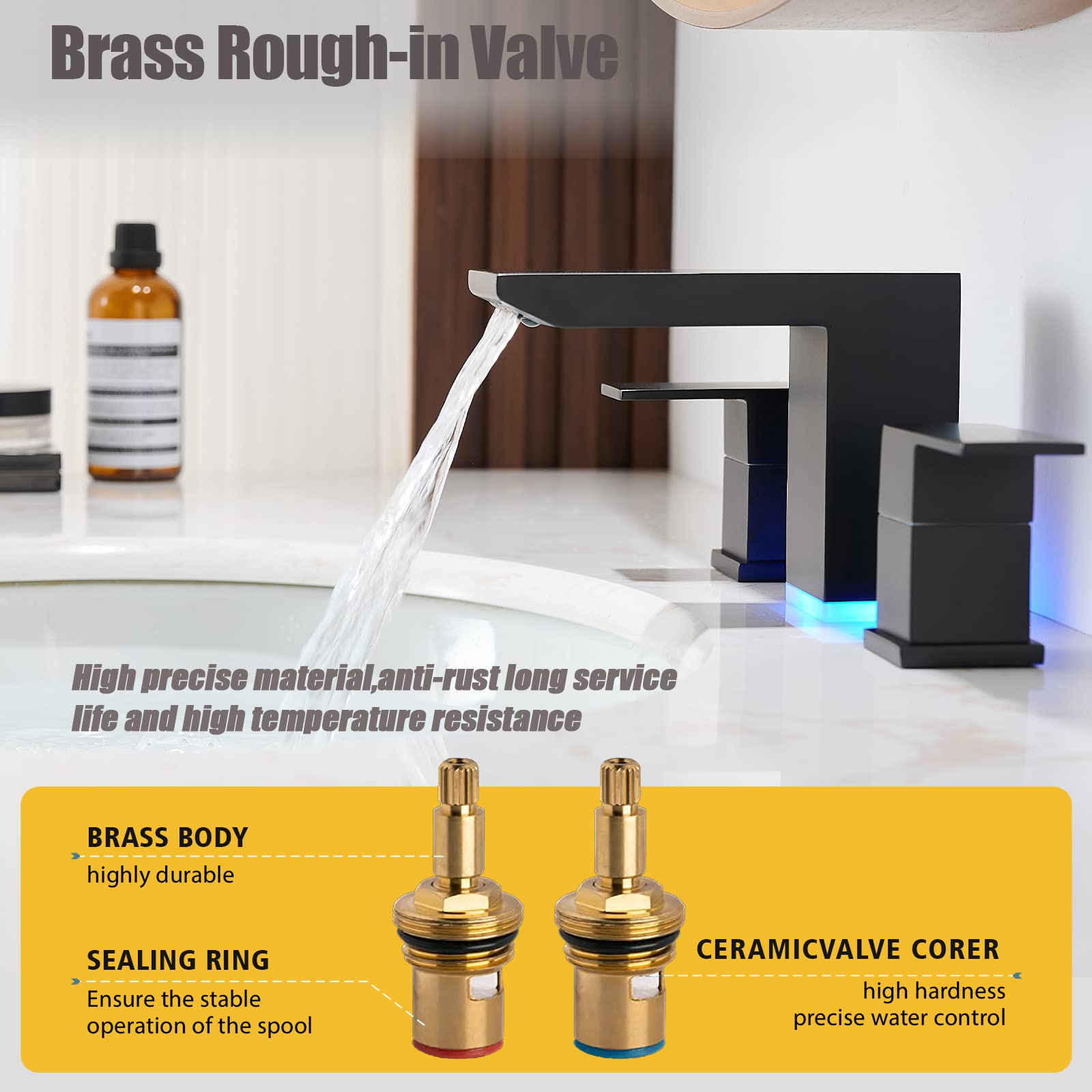 BESy LED 3-Hole Bathroom Sink Faucet - Modern Waterfall Bathroom Faucet with Motion Sensor for Vanity, Powder Room & Guest Bath | Energy Efficient & Touchless Design