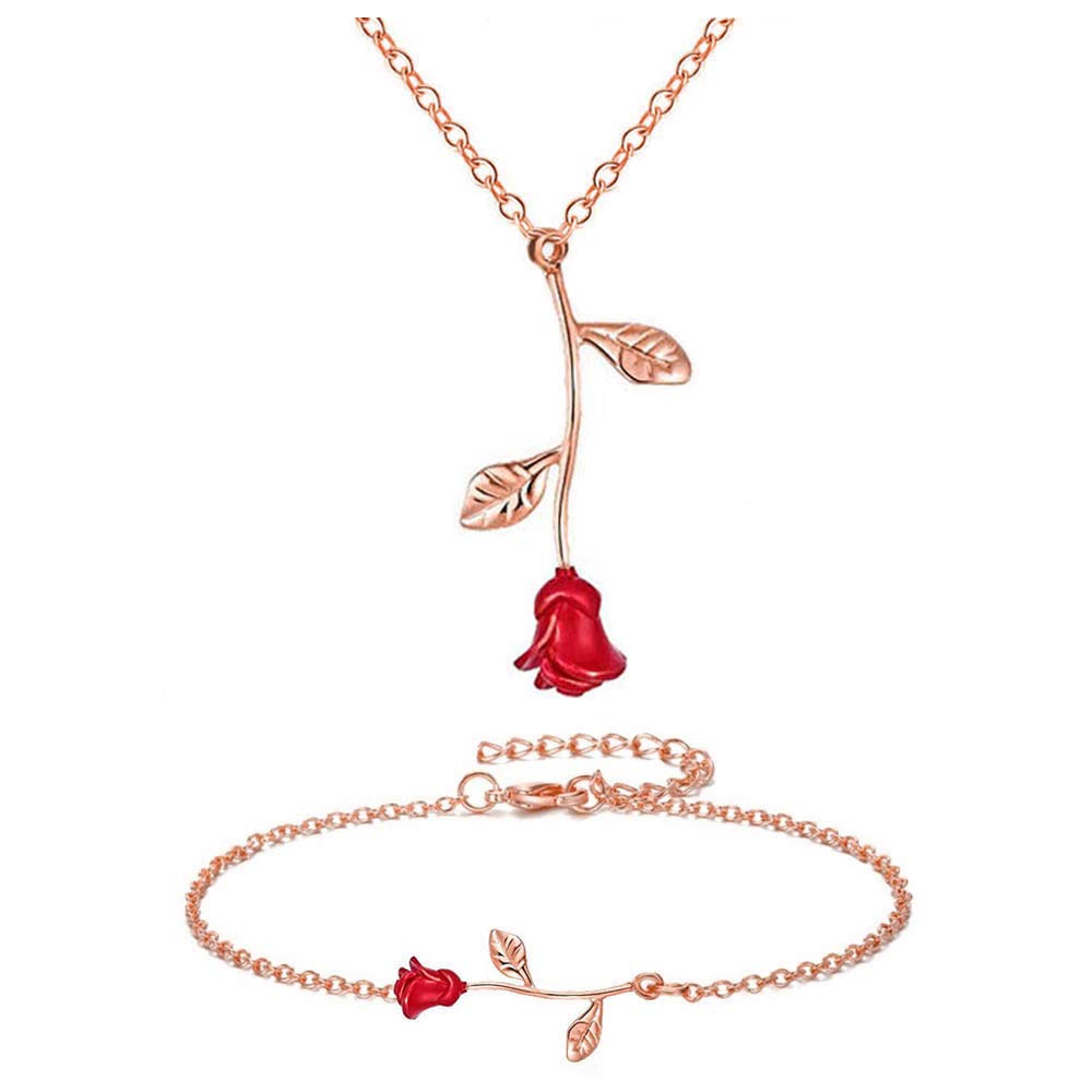 BELUCKIN Red Rose Flower Charm Pendant Necklace - Elegant Anklet & Bracelet Set, Romantic Rosa Statement Jewelry Gift for Women, Girls, Bridesmaid | Perfect for Valentine's Day, Anniversary, Wedding & Special Occasions