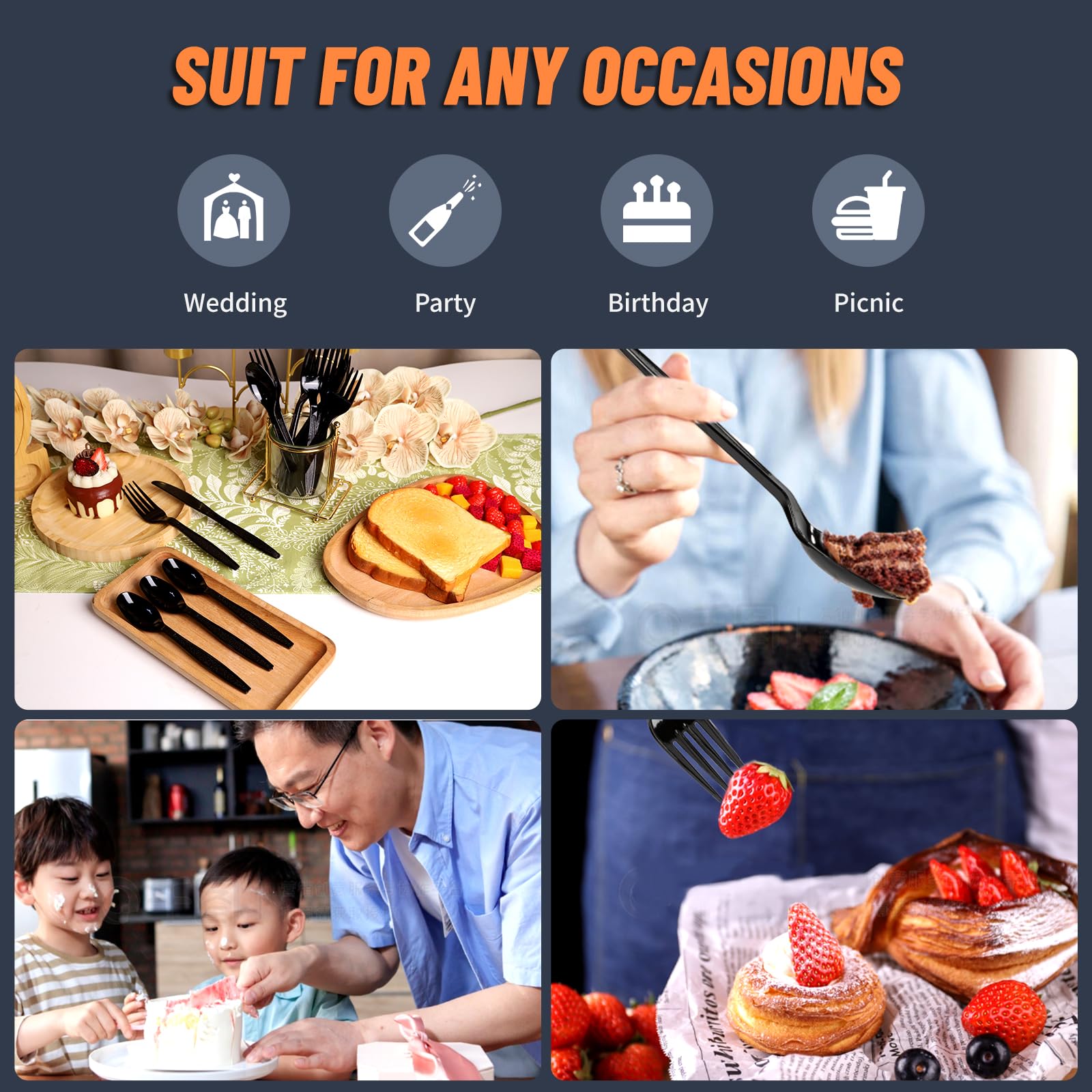 260 PCS Black Disposable Cutlery Set - Durable Plastic Forks Spoons Knives for Wedding Camping Travel