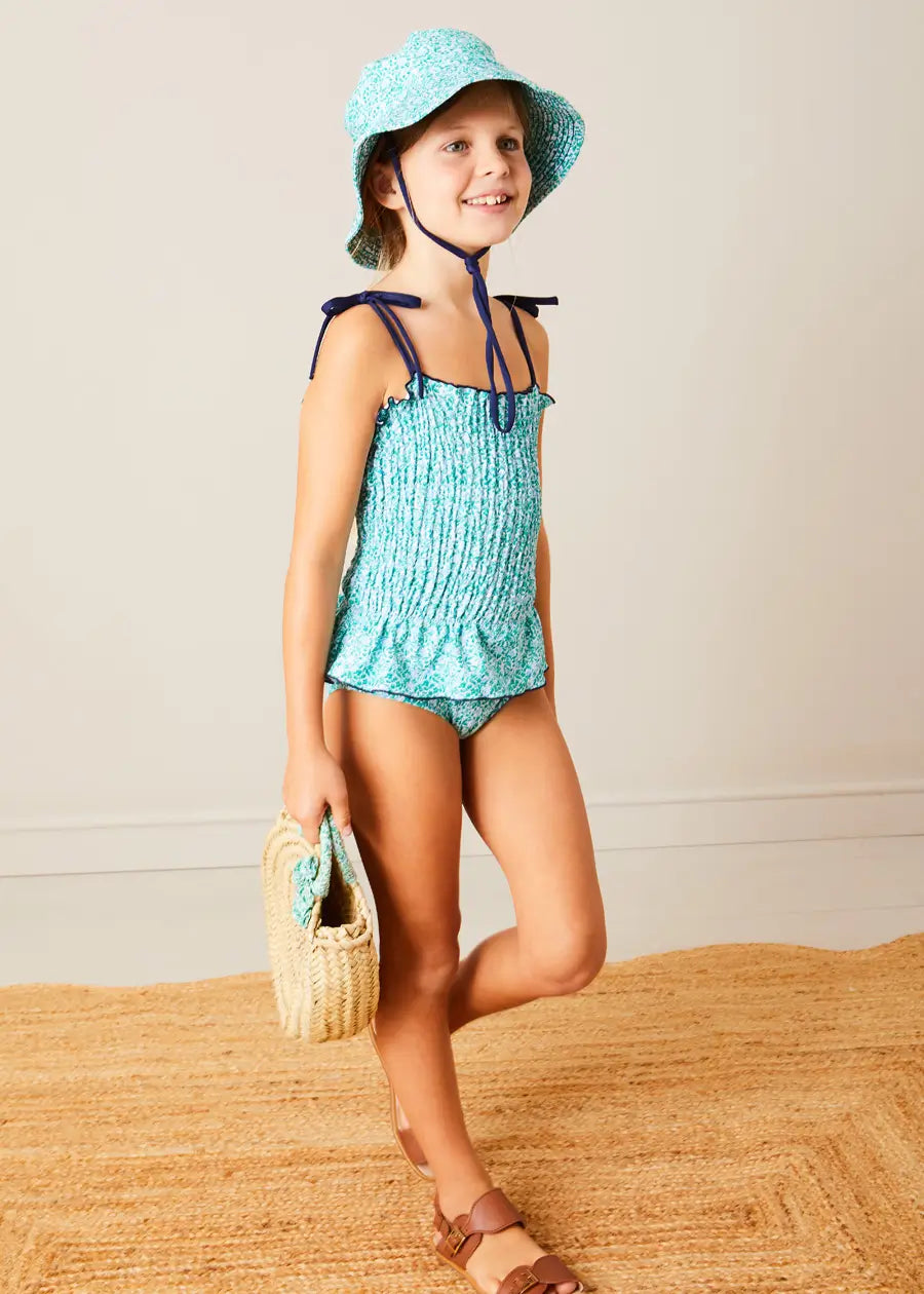 Adelaide Floral Smock Detail Swimsuit for Girls Ages 2-10 Years - Green Summer Beachwear for Pool Parties & Family Vacations