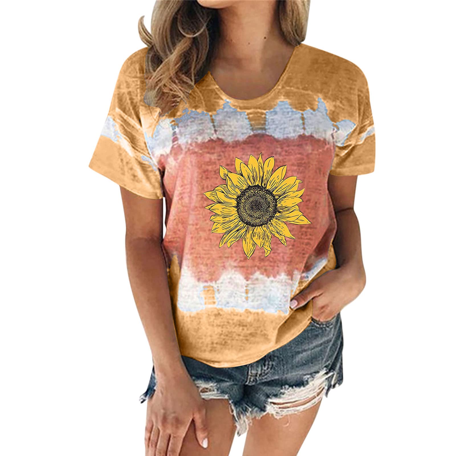YOYORI Women's Casual Feather Print Round Neck Short Sleeve T-Shirt Blouse Top - Soft Cotton Comfortable Tee for Everyday Wear, Street Style, and Summer Outfits