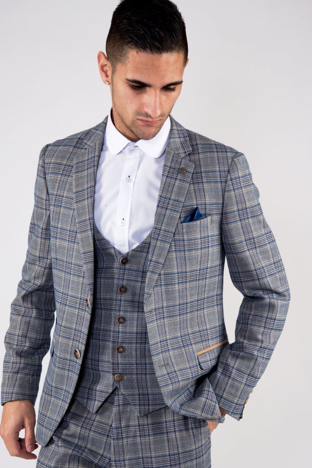 Marc Darcy Enzo Blue Stone Tweed Check Blazer for Men - Stylish Slim Fit Formal Jacket - Perfect for Business Meetings, Weddings & Office Wear