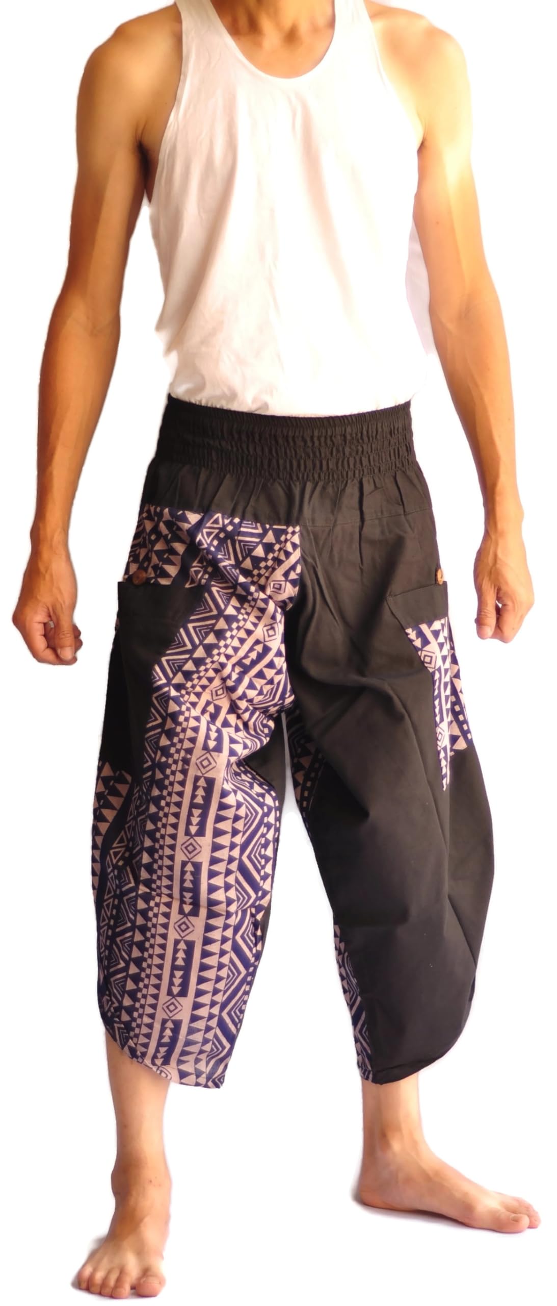 **Men's Harem Yoga Pants - High Waisted Loose Fit Navy Blue & Black Elephant Print Thai Fisherman Pants for Meditation, Lounge & Travel**