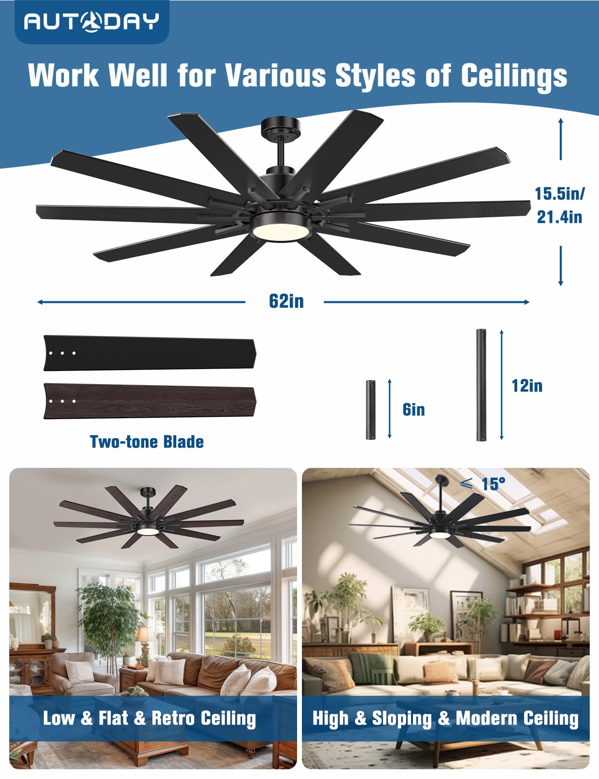 62 Inch Large Ceiling Fan with Light and Remote Control - Indoor/Outdoor 10-Blade Reversible Quiet DC Motor, Dimmable LED Light in Walnut/Black Finish - Perfect for Living Rooms, Bedrooms, Patios, and Outdoor Spaces