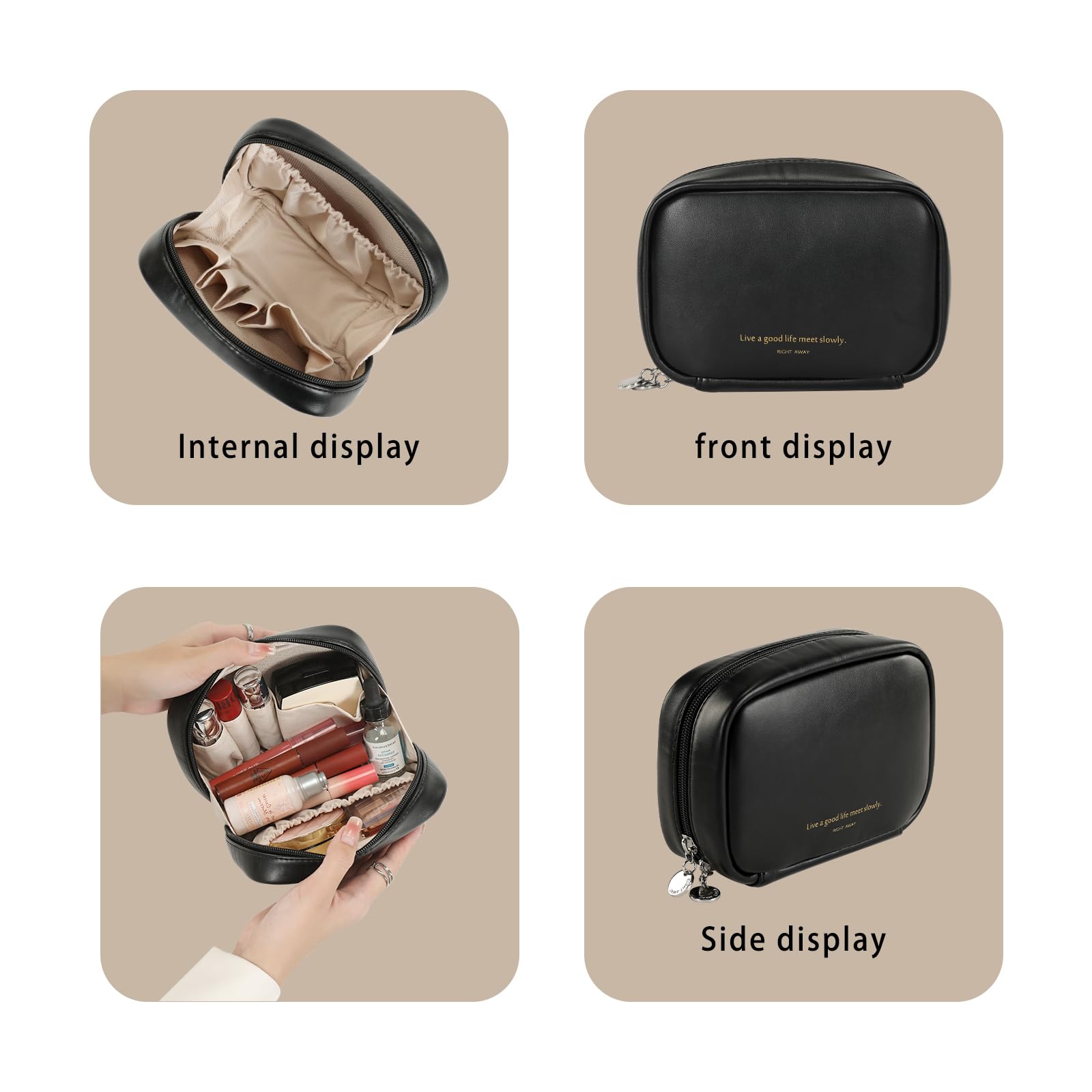 RIGHT AWAY Small Makeup Bag for Women | Cute Cosmetic Organizer & Travel Toiletry Bag | Waterproof Leather Case with Gold Zipper | Perfect for Daily Use, Travel, and Gift Giving (Black)