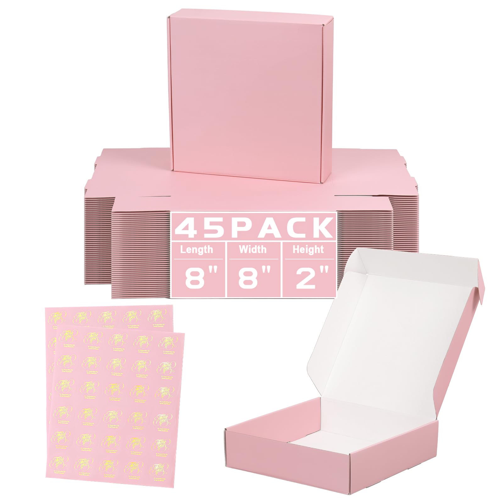 8x8x2 Inch Pink Shipping Boxes - 45 Pack for Small Business & Mailing | Durable Corrugated Cardboard for Gifts & Ecommerce