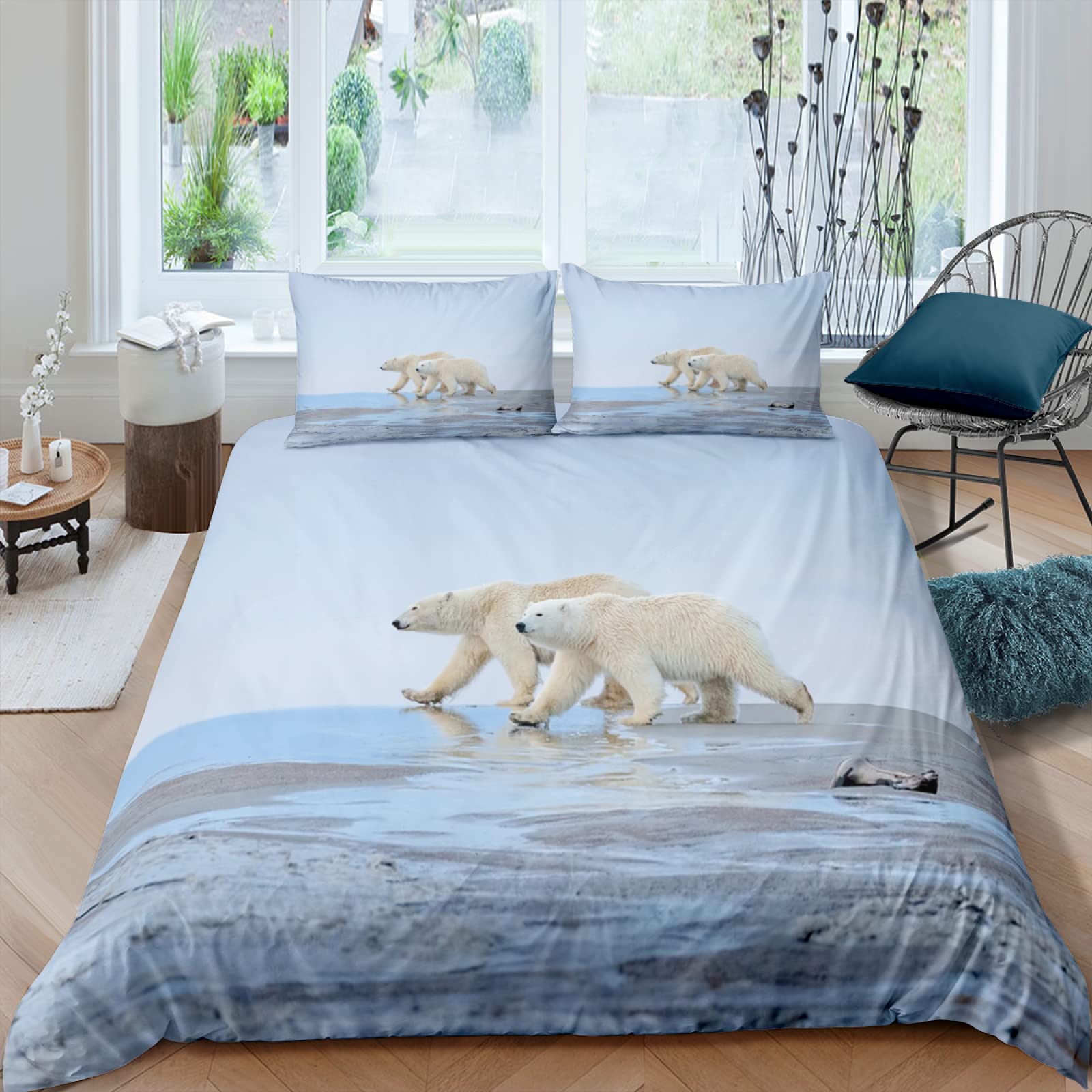 Full Size Duvet Cover Set - Light Blue Polar Bear Design with 2 Pillow Shams (20x26 Inches) | Soft Washed Bedding with Zipper Closure | Cooling & Cozy Full Size Duvet Cover for Bedroom | Perfect for Guest Rooms, Kids' Bedrooms & Winter Comfort