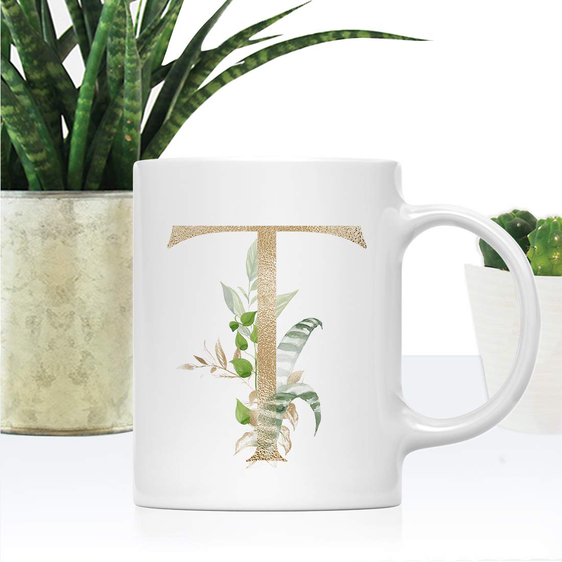 Andaz Press 11oz Ceramic Coffee Mug with Gold Monogram Letter T & Tropical Green Palm Leaves - Perfect for Tea, Coffee, Birthday Gifts, Bridesmaid Favors, Bridal Party & Christmas Presents - Ideal for Home, Office, or Gift-Giving Occasions