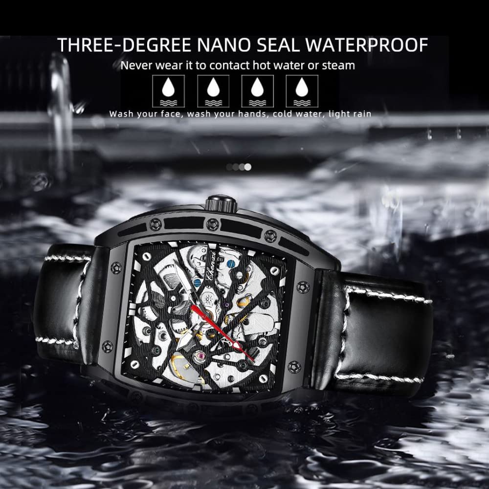 Tiong Sport Men's Automatic Mechanical Watch - Silver & Black Leather Strap Business Watch for Men | Perfect for Office, Formal Events & Everyday Wear