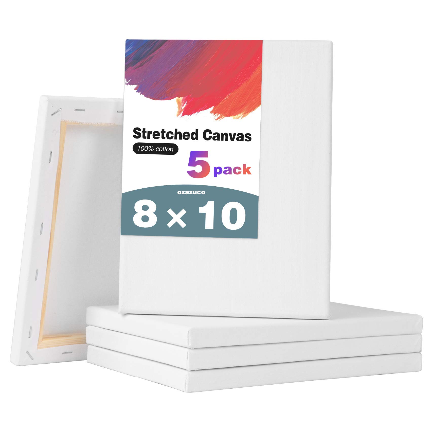 Ozazuco 8x10 Inch Stretched Canvas for Painting - Pack of 5, White Blank Primed Cotton Canvas for Acrylic & Oil Painting - Perfect for Artists, DIY Wall Decor & Home Art Projects