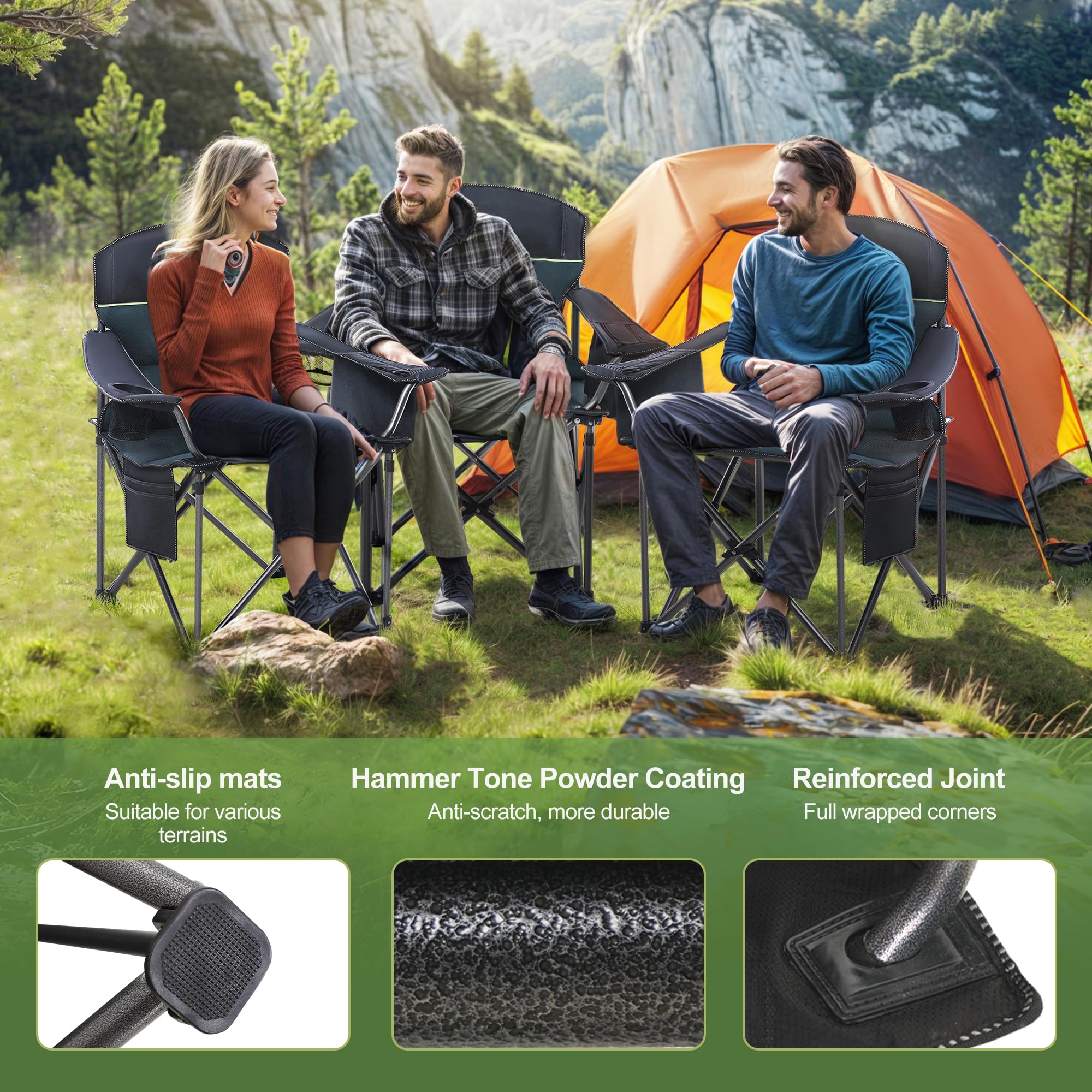 Oversized Folding Camping Chair Heavy Duty 450LBS Capacity - Portable Outdoor Padded Lawn Chair with Cup Holder, Storage Pocket & Cooler Bag - 2 Pack Green - Perfect for Camping, Travel, Picnics, Beach, Backyard & Outdoor Events