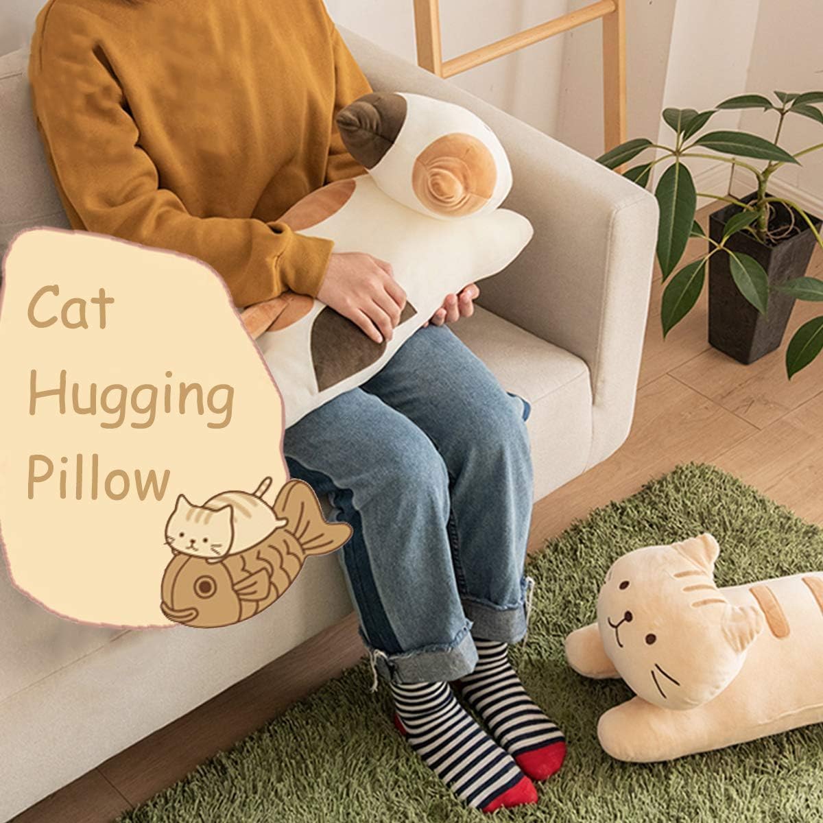 ARELUX 22-inch Soft Cat Plush Pillow - Big Hugging Sleeping Pillow, White Kitten Stuffed Animal Throw Pillow for Couch, Bed, Sofa - Perfect Gift for Cat Lovers, Friends & Family Birthday Present | Home Decor, Nursery, Office Companion