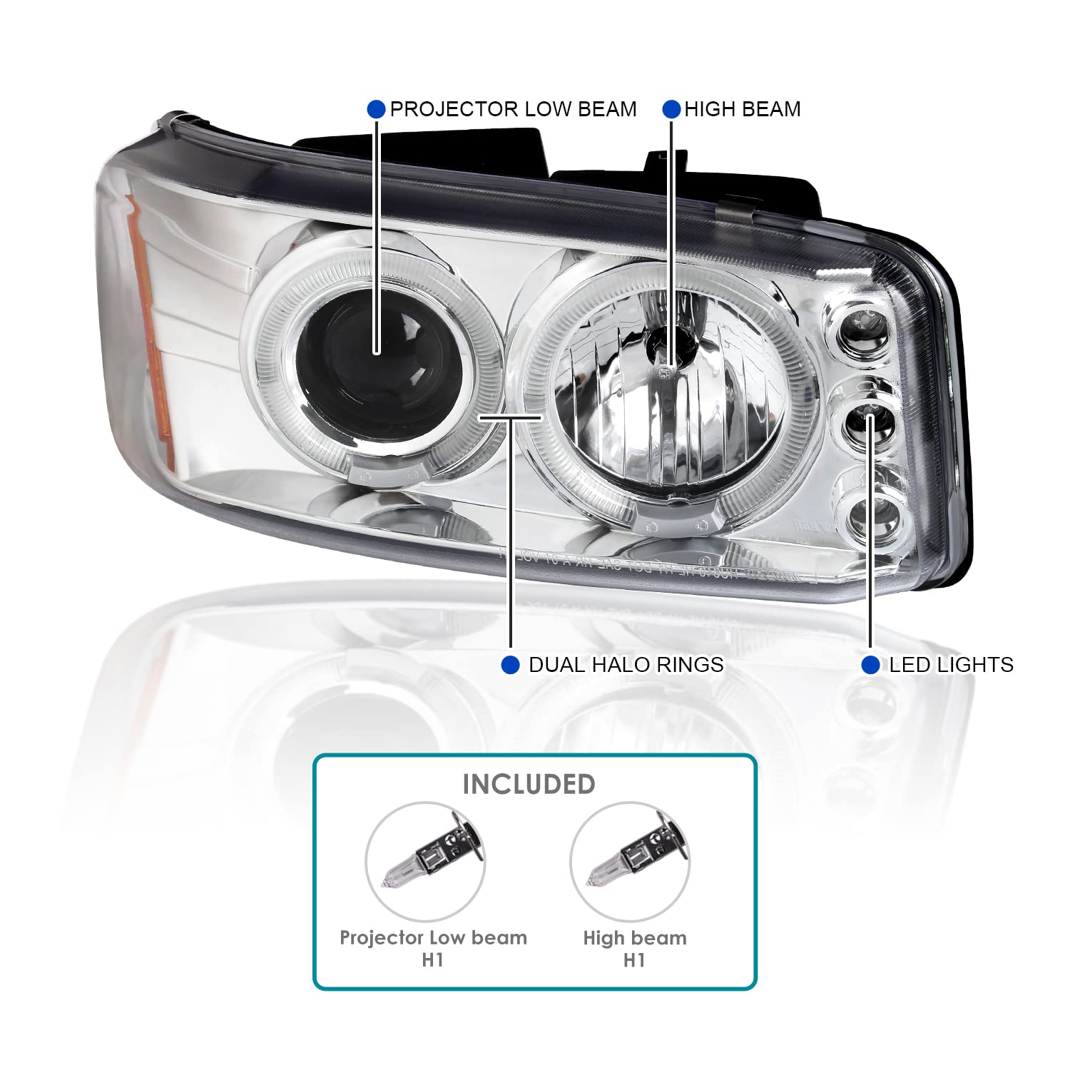 Spec-D Tuning Chrome LED Halo Projector Headlights with Bumper Lights - Compatible with 1999-2006 GMC Sierra 1500/2500/3500 - Left & Right Headlamp Assembly - Upgrade for Night Driving & Off-Road Adventures