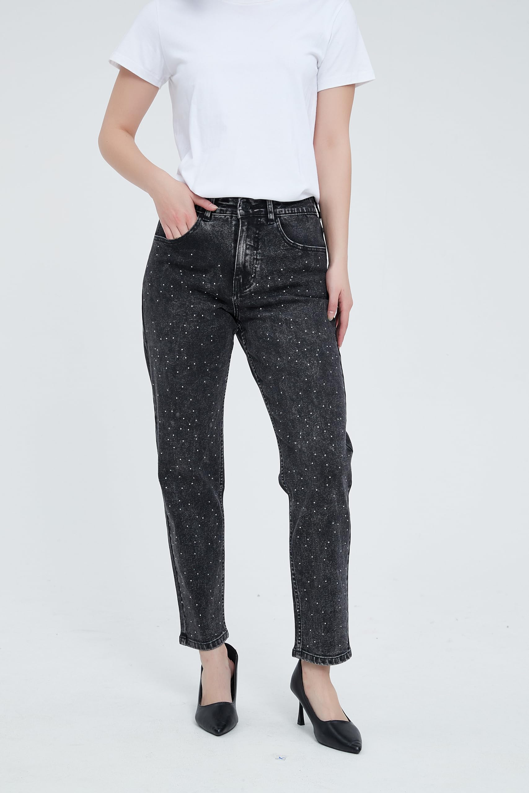 Stylish Women's High Waist Skinny Jeans with Rhinestone Details - Stretchy Denim Ankle Pants with Functional Pockets | Perfect for Casual Outings, Date Nights & Office Wear