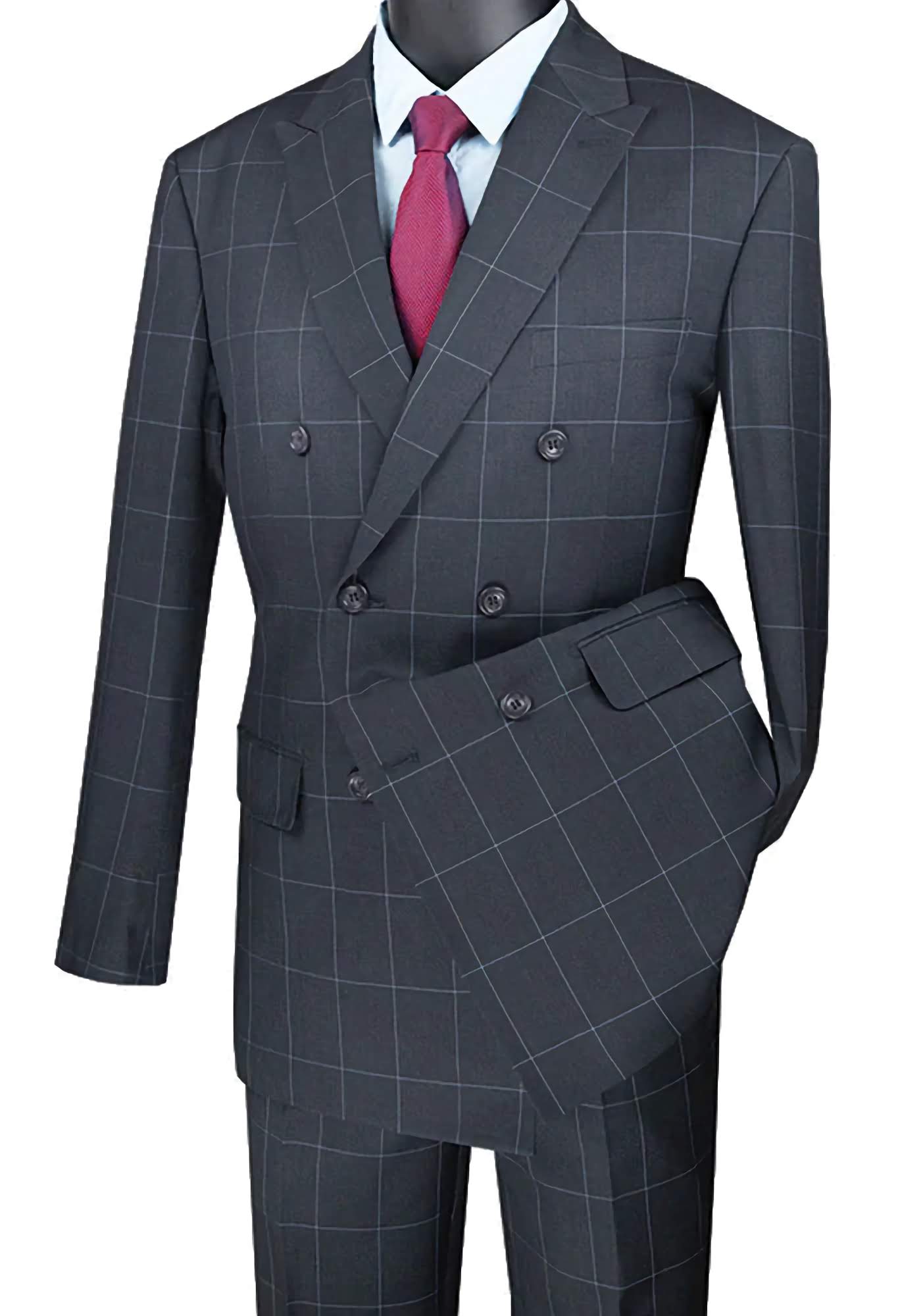 Gray Modern Fit Double Breasted Windowpane Peak Lapel 2 Piece Suit for Men | Napoli Collection | Perfect for Weddings, Business Meetings & Formal Events
