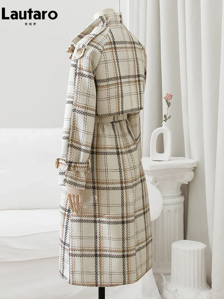 Women's Autumn Winter Long Loose Warm Plaid Wool Blend Trench Coat - Raglan Sleeve, Belted Double Breasted Wool Overcoat for Office, Travel & Casual Wear