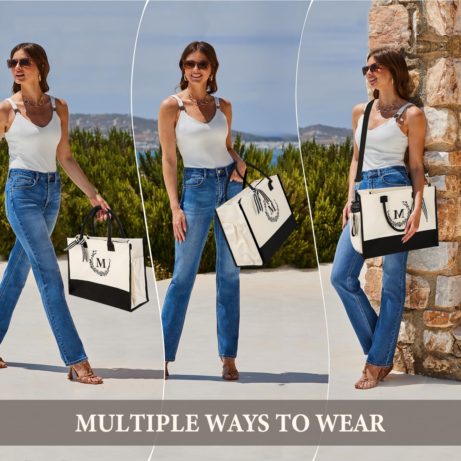 Personalized Floral Monogram Tote Bag with Matching Makeup Pouch - Large Canvas Beach Bag, Travel Tote for Women, Moms & Grandmas - Perfect for Shopping, Vacation & Daily Use